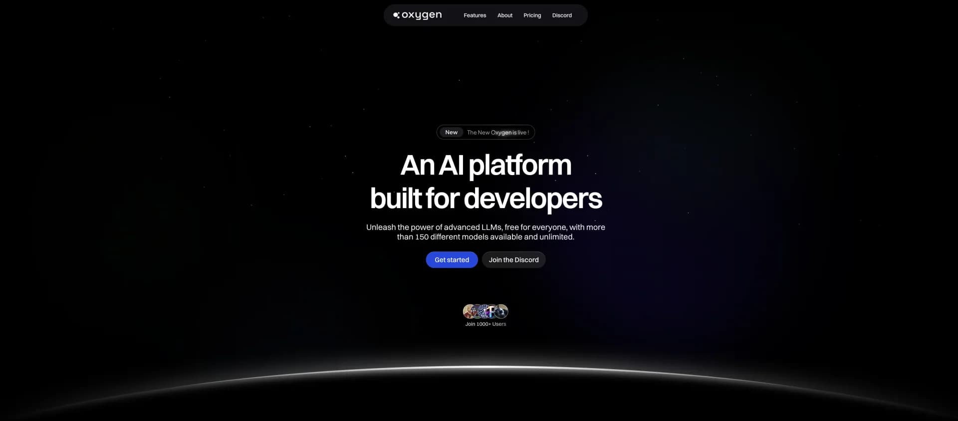 Oxygen homepage screenshot — Unleash advanced LLMs for developers, free and unlimited.