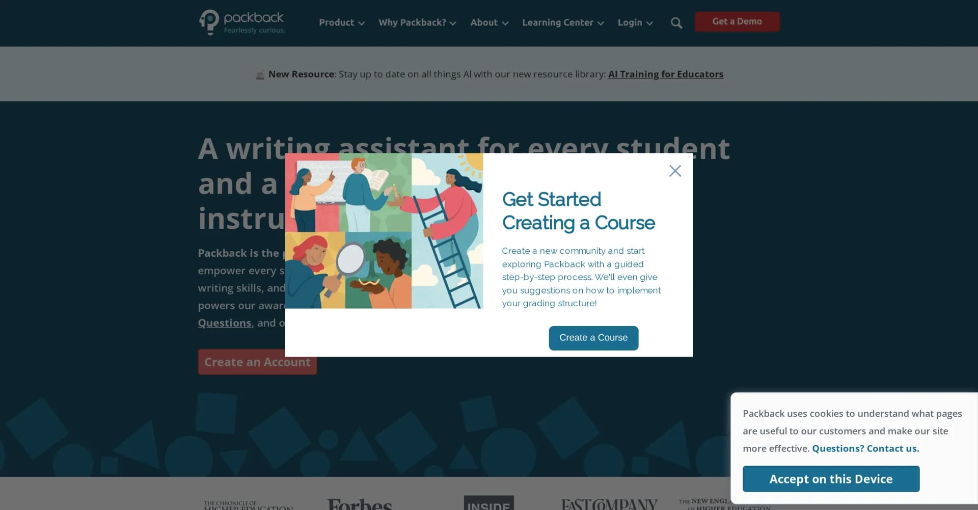 Packback homepage screenshot — AI-powered platform for engaging learning discussions.