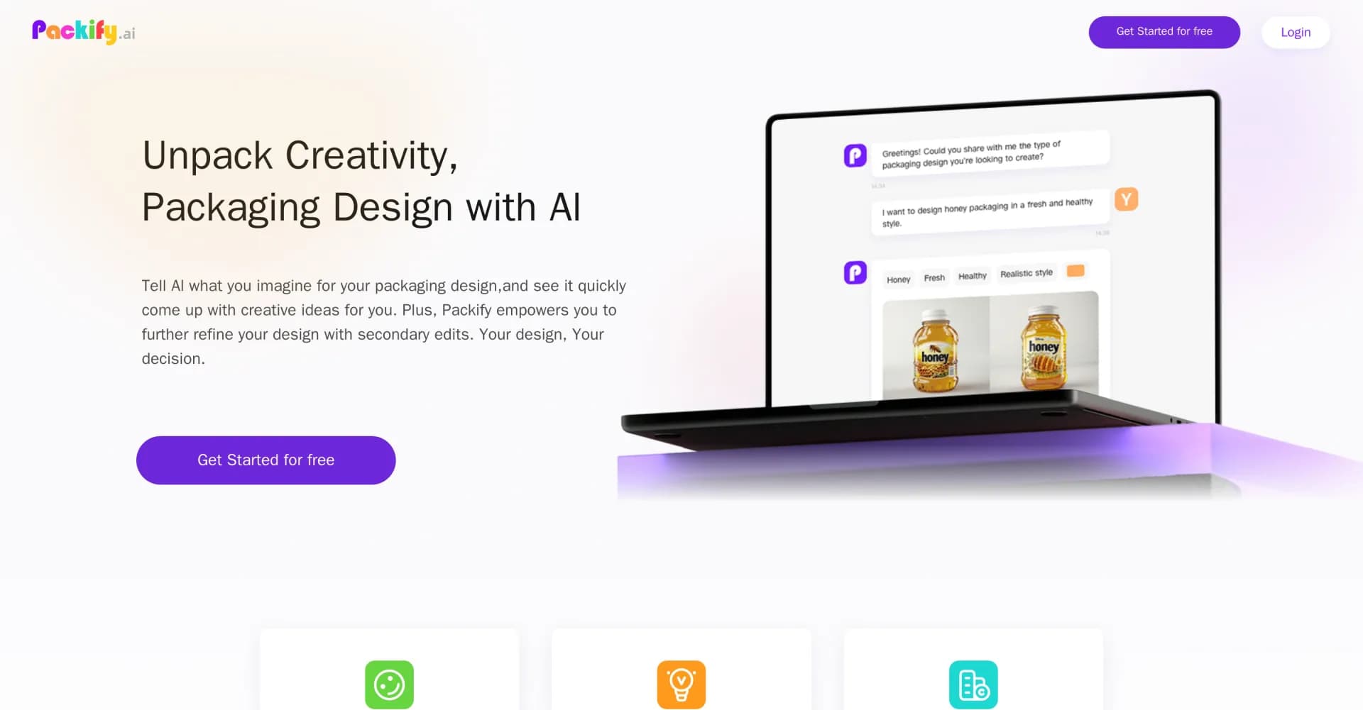 Packify.ai homepage screenshot — AI-powered packaging design in seconds.