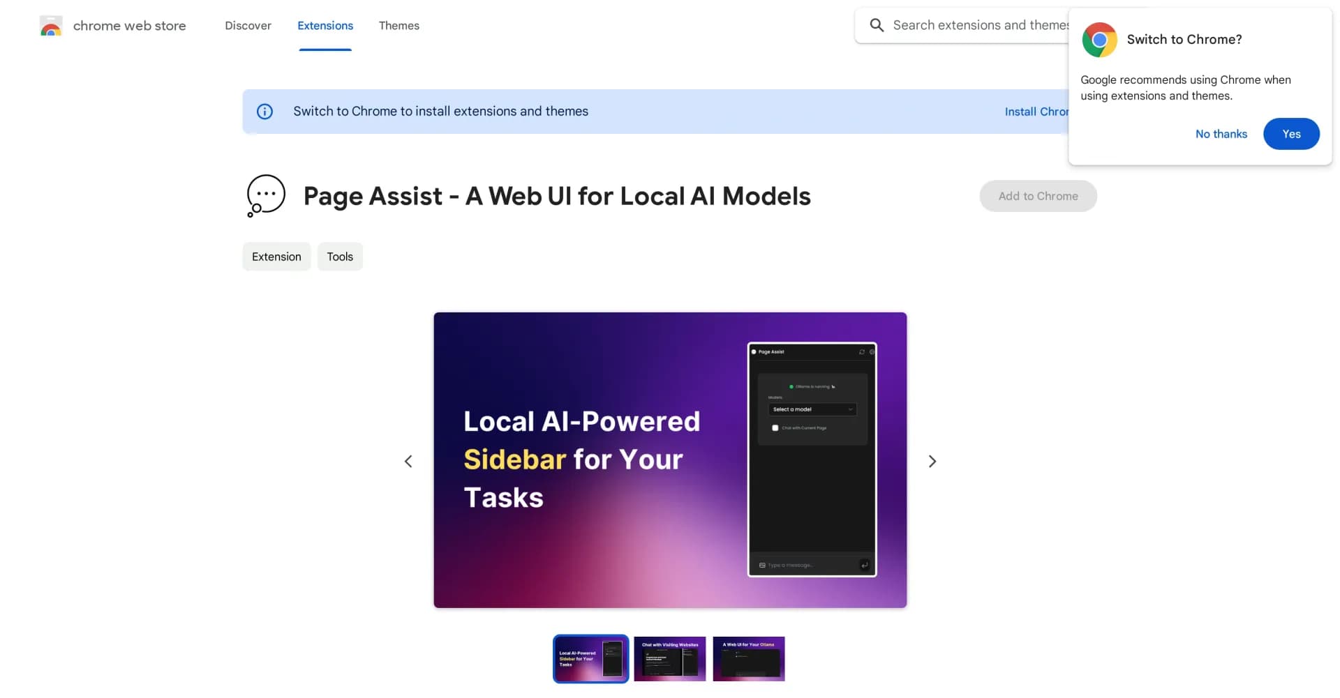 Page Assist homepage screenshot — Use your locally running AI models to assist your web browsi