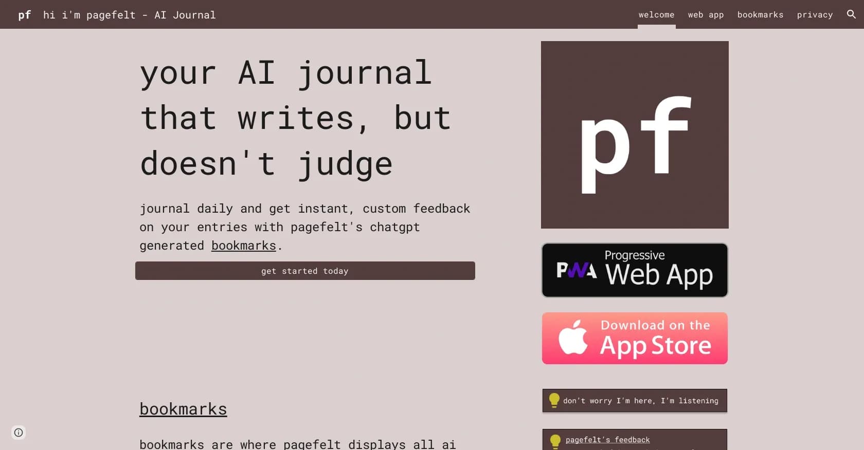 Pagefelt homepage screenshot — Your non-judgmental AI journaling companion.