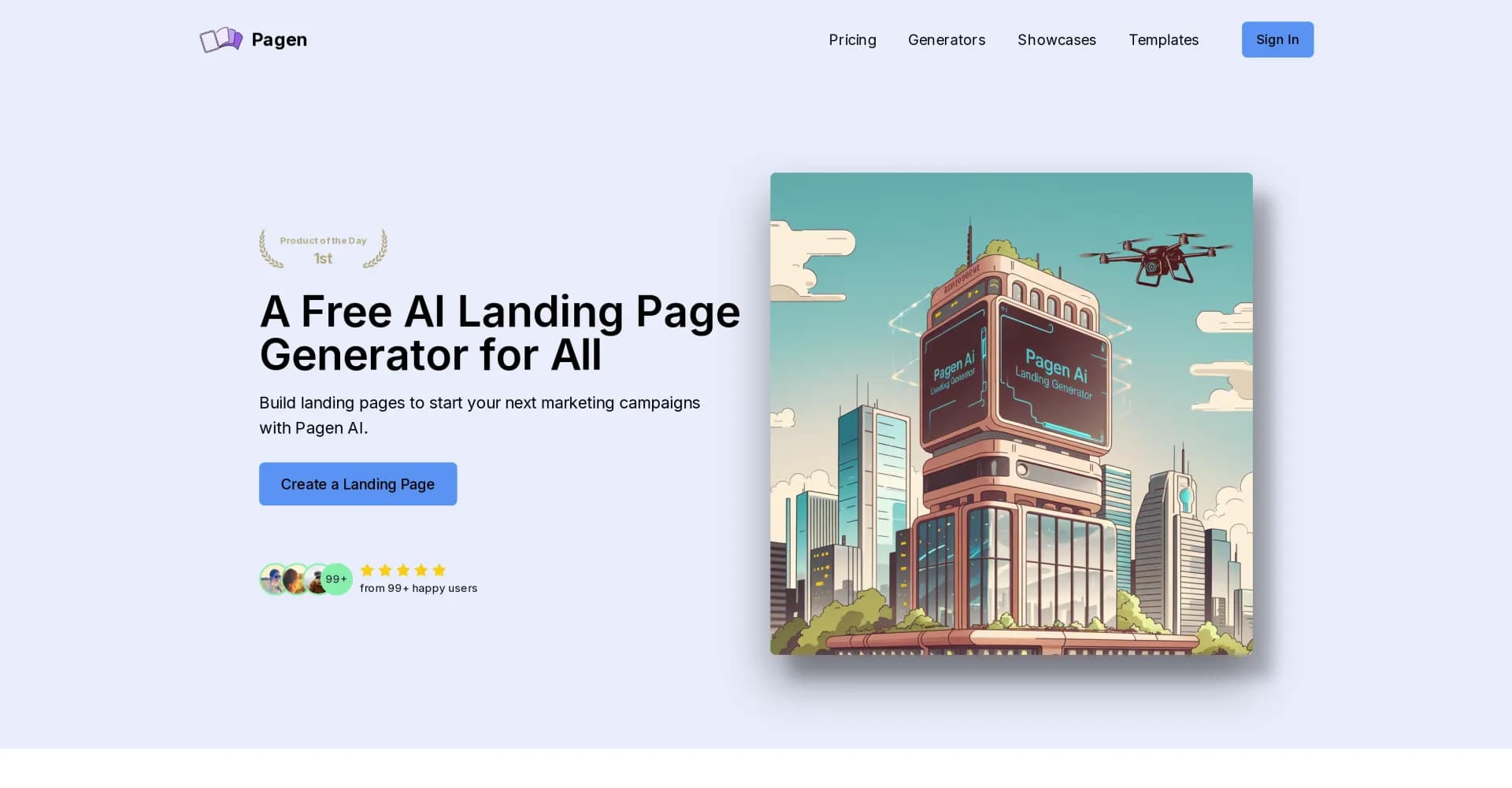 Pagen homepage screenshot — Create AI-powered landing pages in seconds