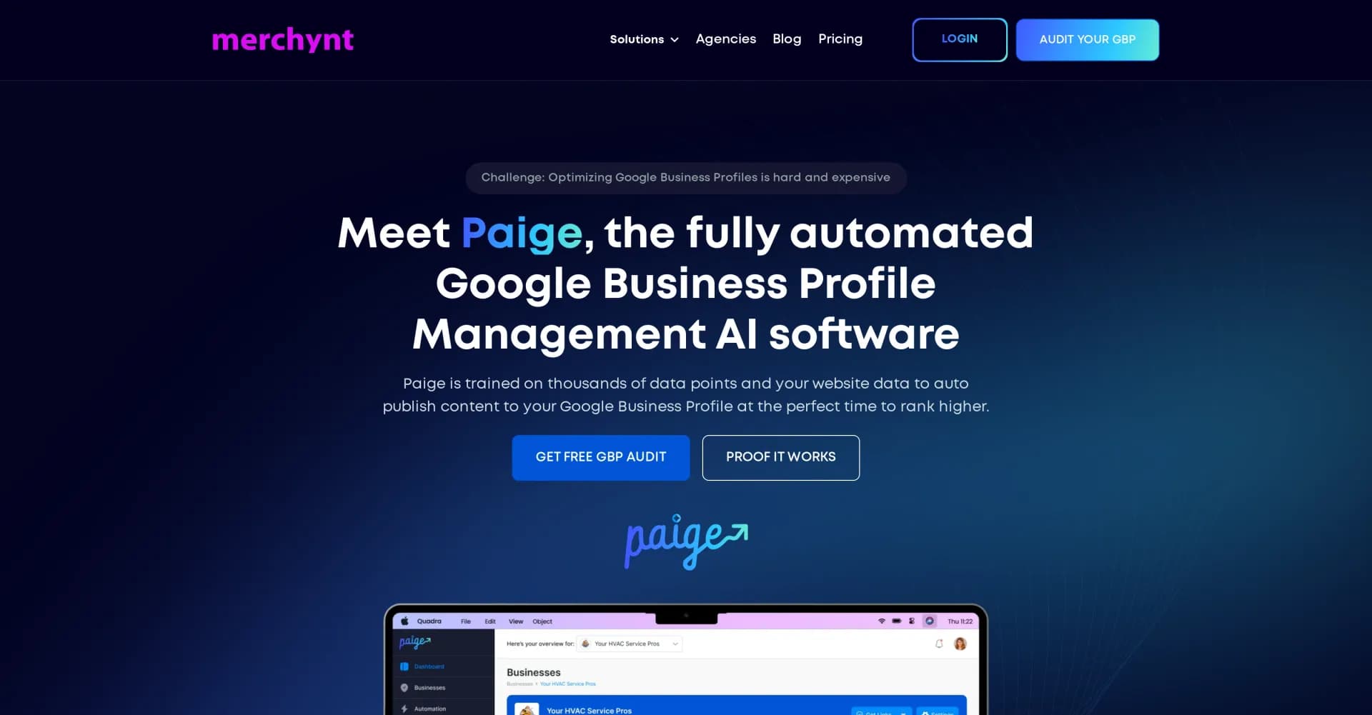 Paige by Merchynt homepage screenshot — Automate your Google Business Profile management