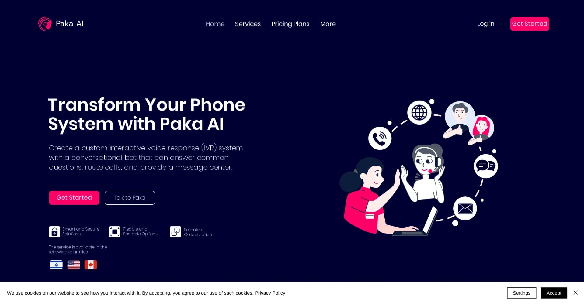 Paka AI homepage screenshot — Transform your phone system with a custom AI bot.