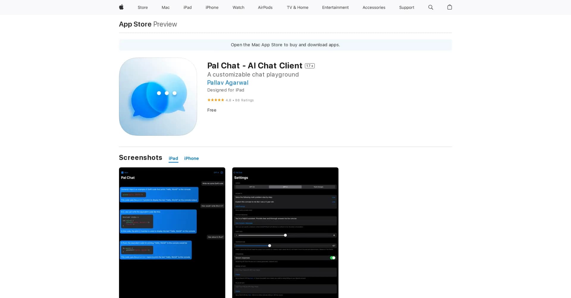 Pal Chat homepage screenshot — Engage with AI chat on your Apple devices.