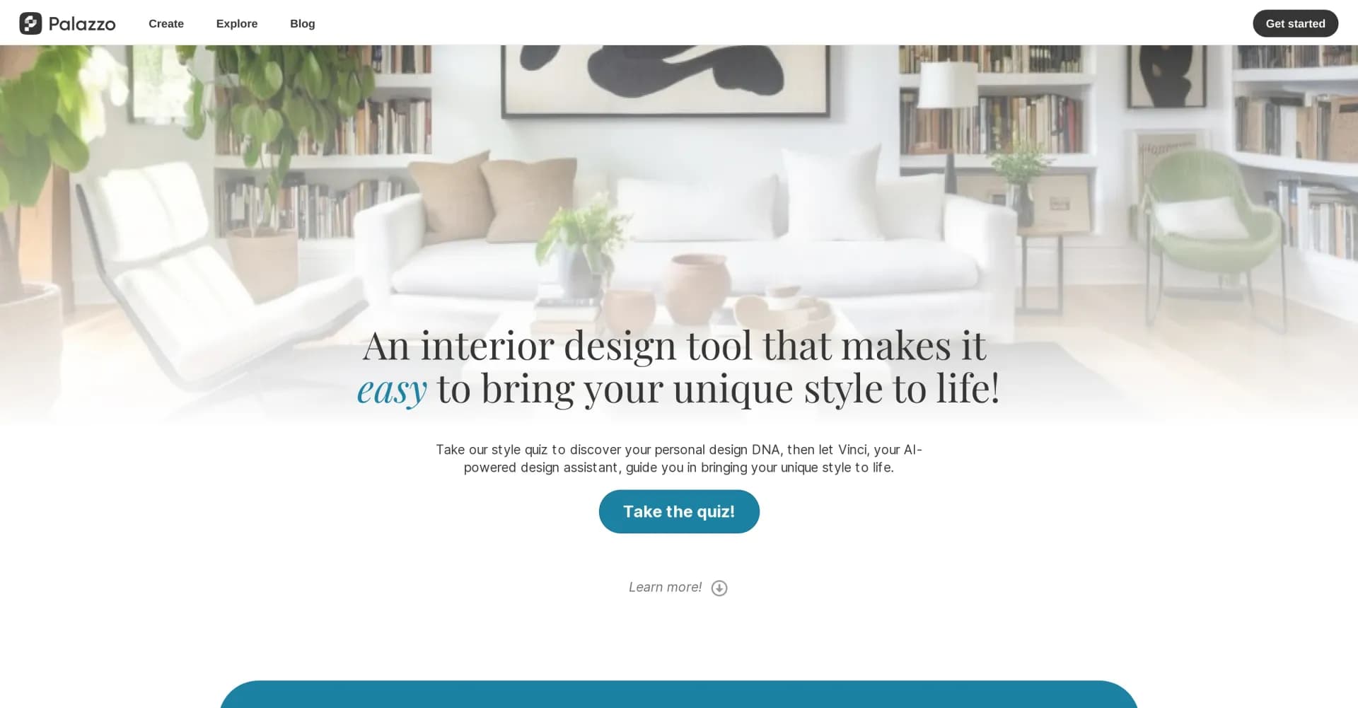 Palazzo homepage screenshot — AI-powered interior design for your unique style.