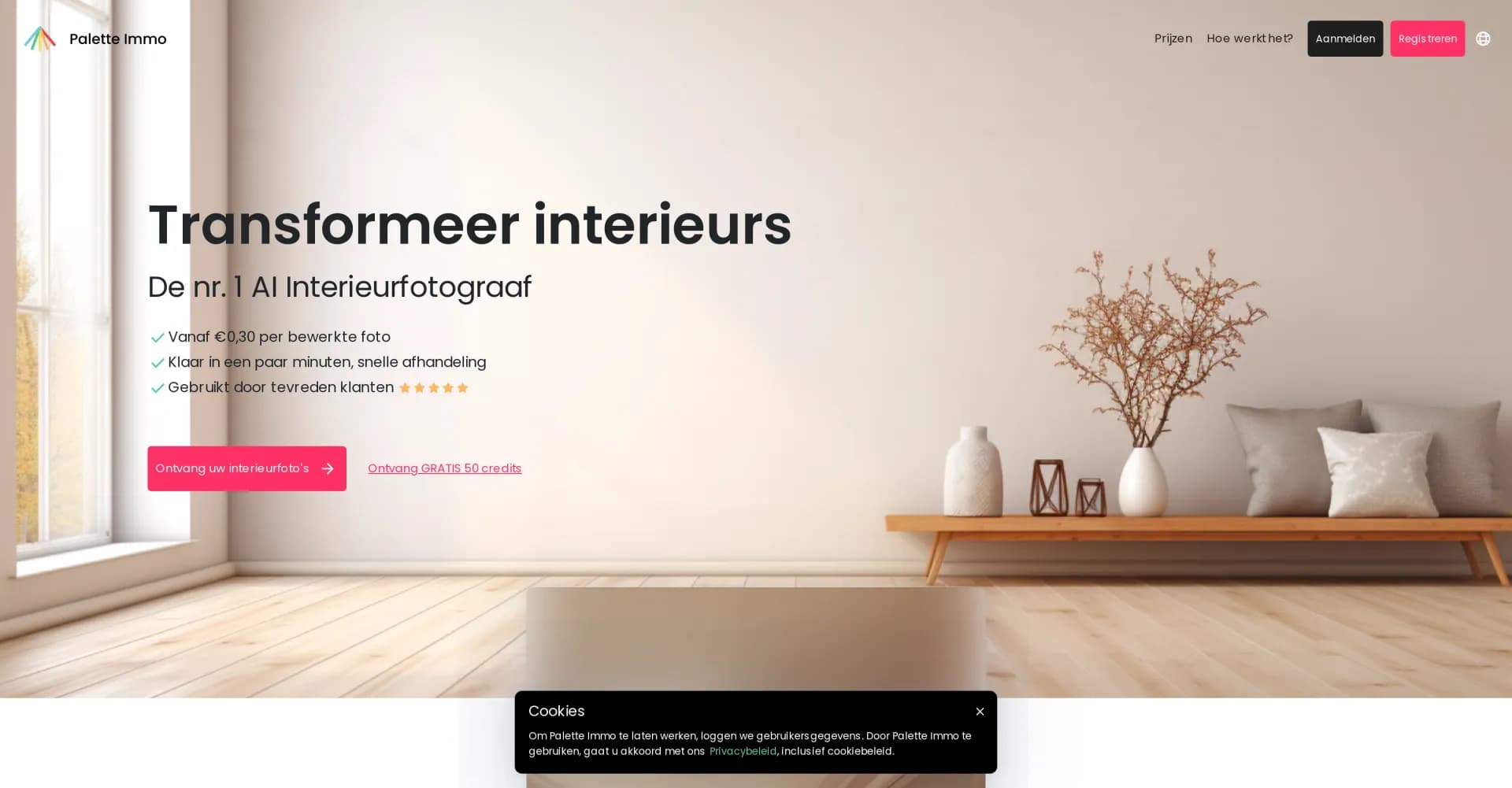 Palette Immo homepage screenshot — Transform interiors with AI-powered virtual staging