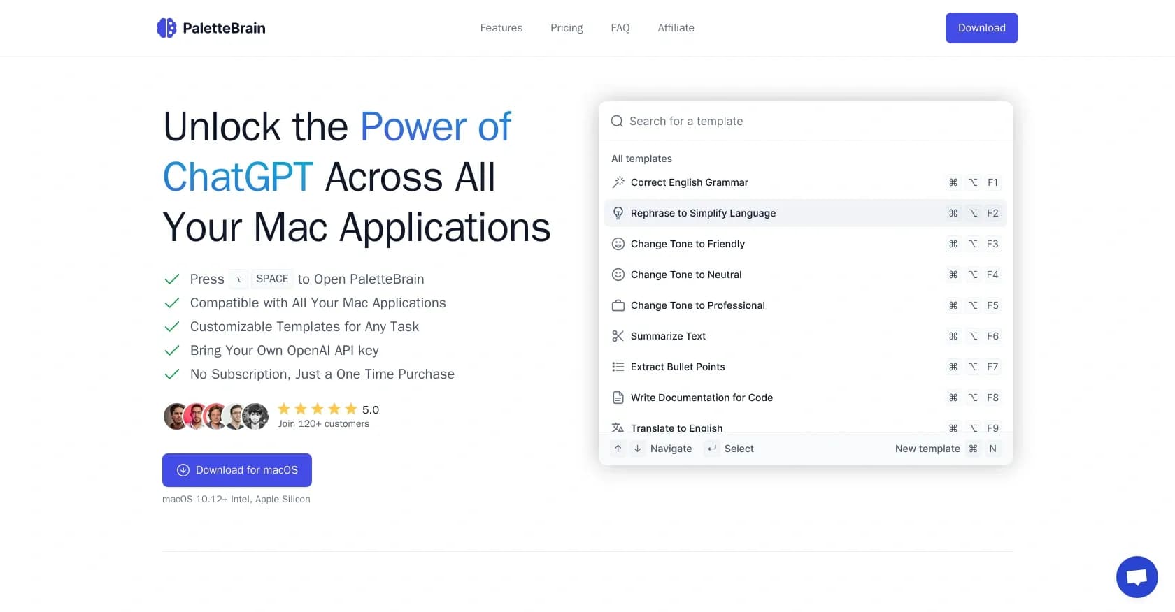 PaletteBrain homepage screenshot — Powerful and Customizable ChatGPT App for Mac
