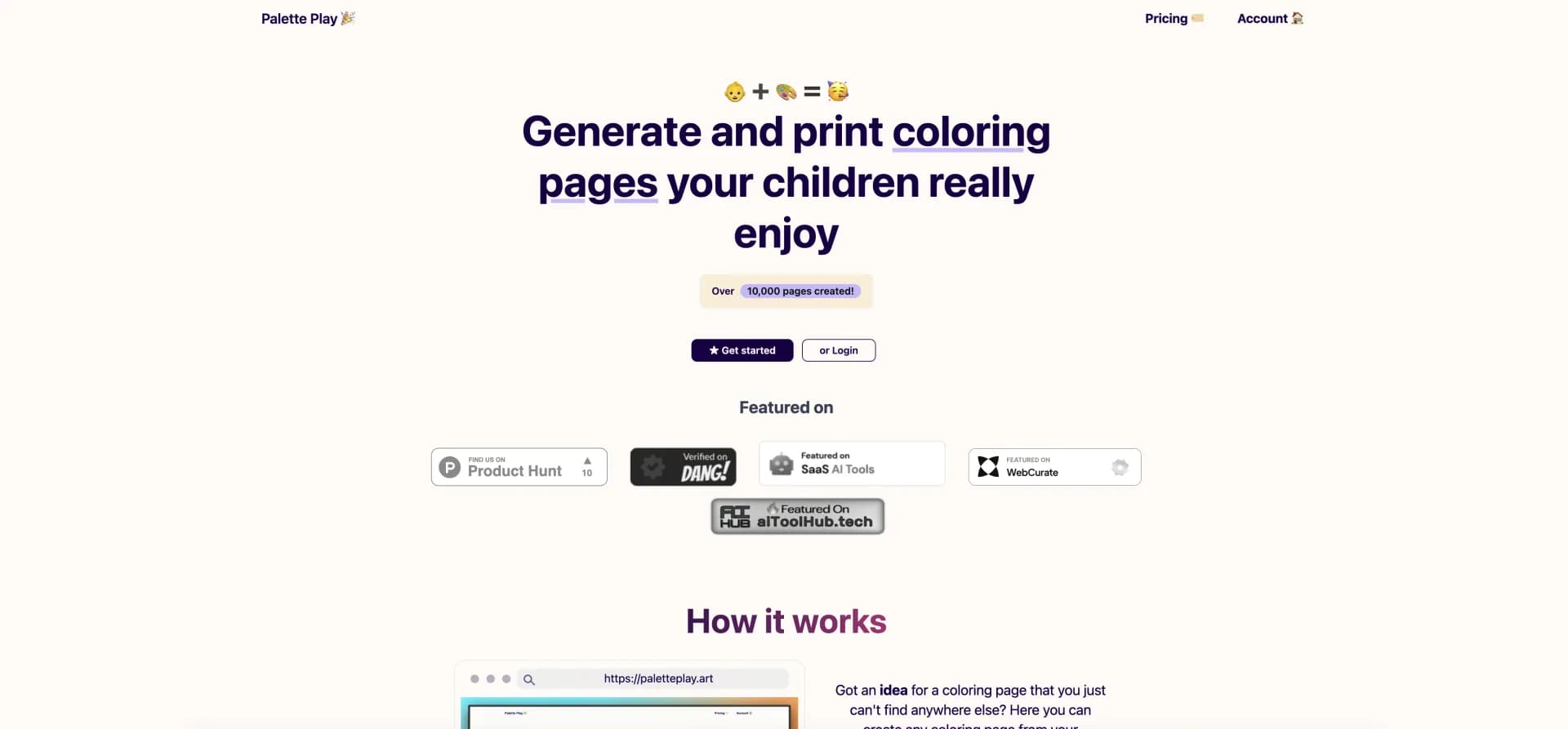 PalettePlay homepage screenshot — Generate custom coloring pages kids love.