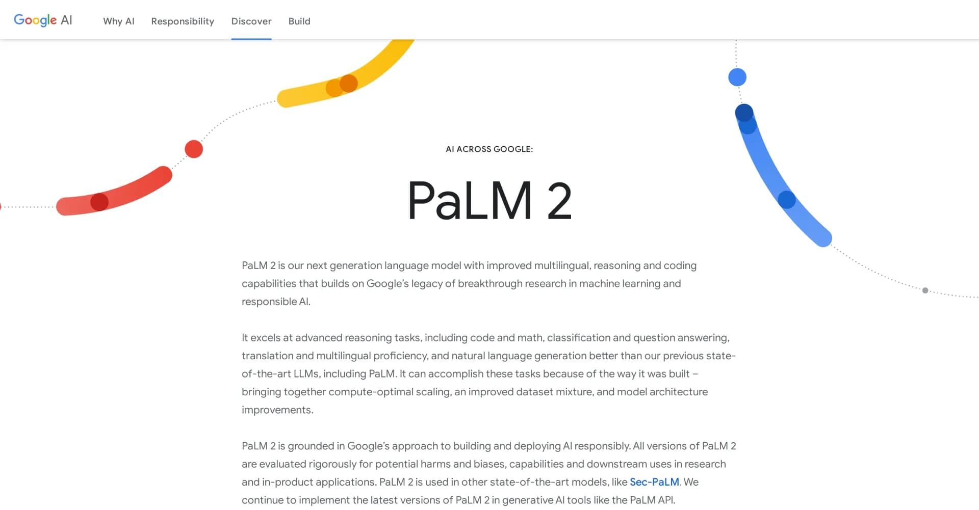 PaLM 2 homepage screenshot — Next-gen language model for advanced AI tasks