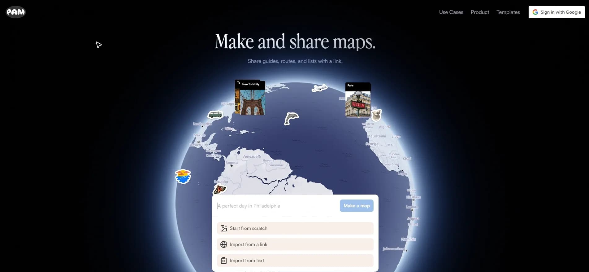 PamPam homepage screenshot — Create AI-powered interactive maps effortlessly.