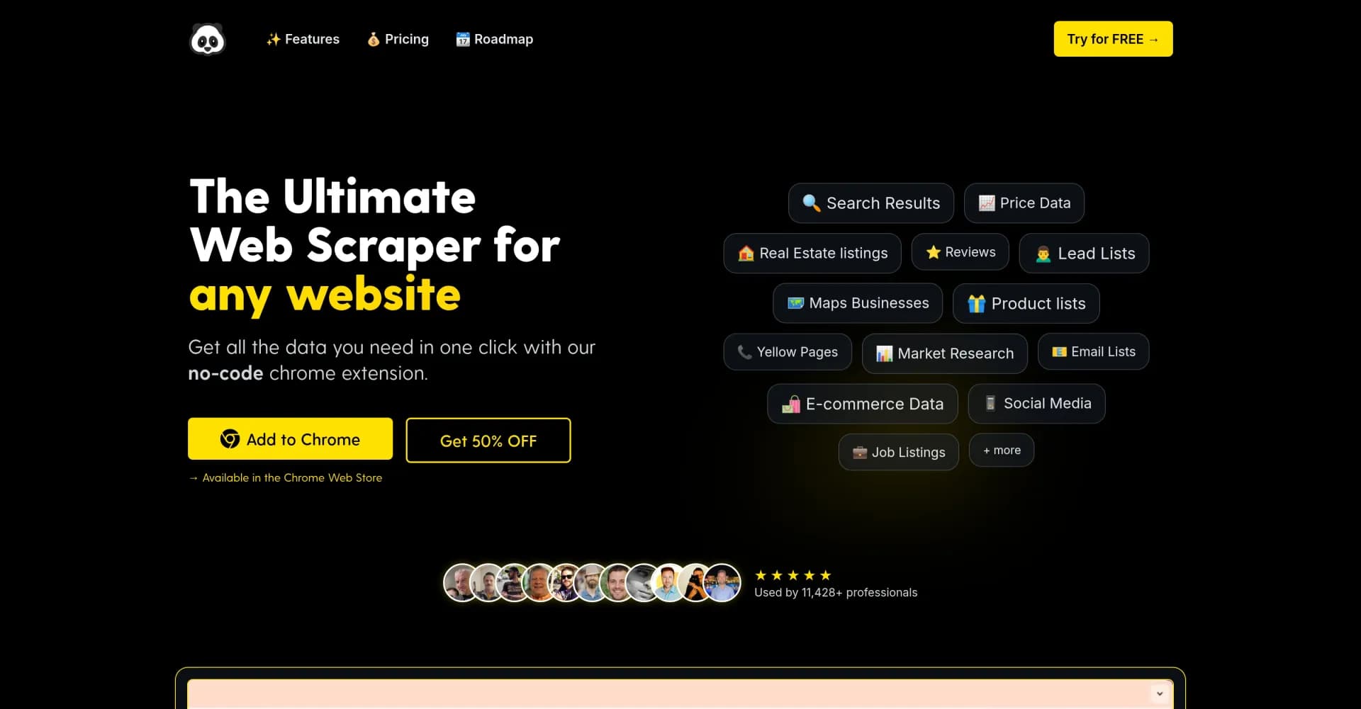 Ultimate Web Scraper homepage screenshot — Extract data instantly: Grab text, images, emails & links fr