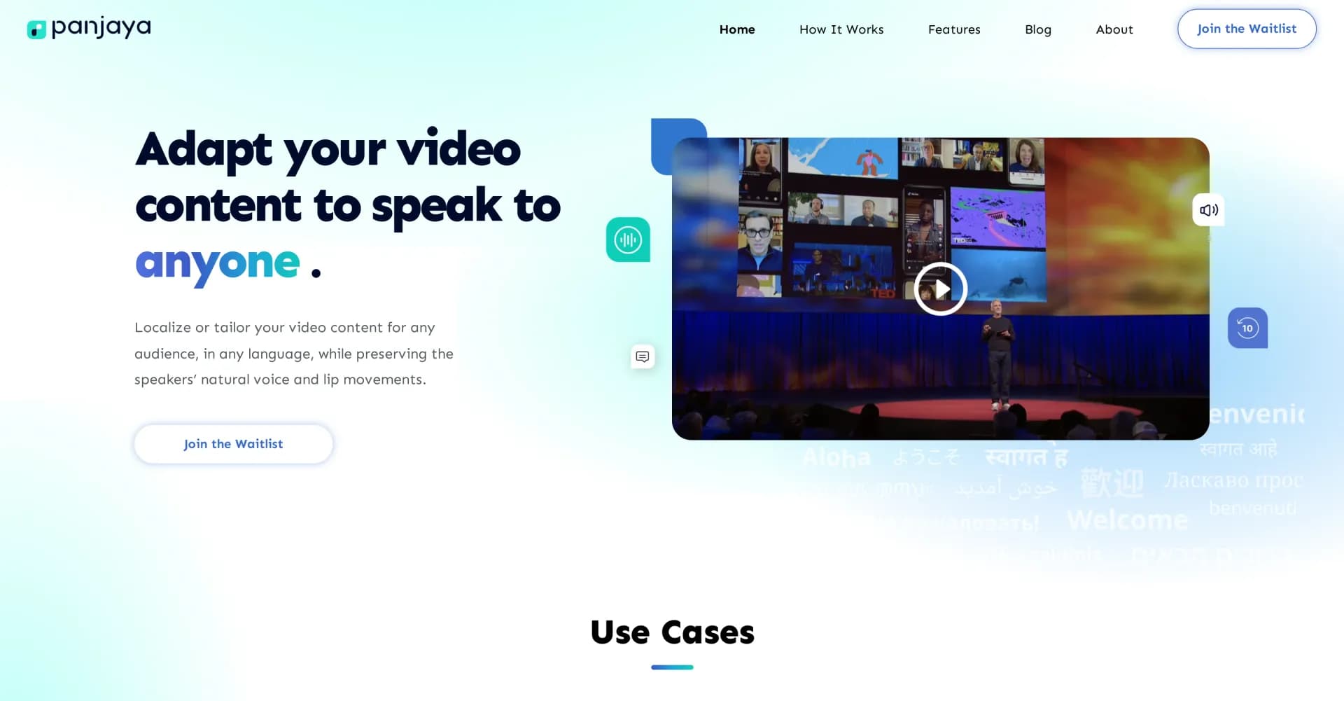 Panjaya homepage screenshot — Adapt video content to speak to any audience.