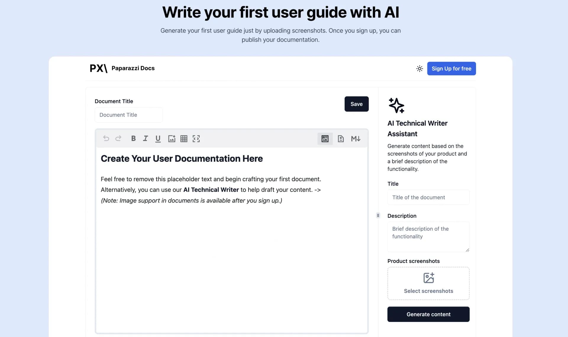 Paparazzi Docs homepage screenshot — AI technical writer for software user-guides