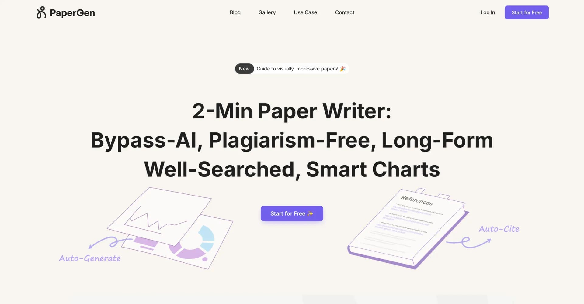 PaperGen homepage screenshot — AI-powered paper writing in 2 minutes: bypass-AI, plagiarism