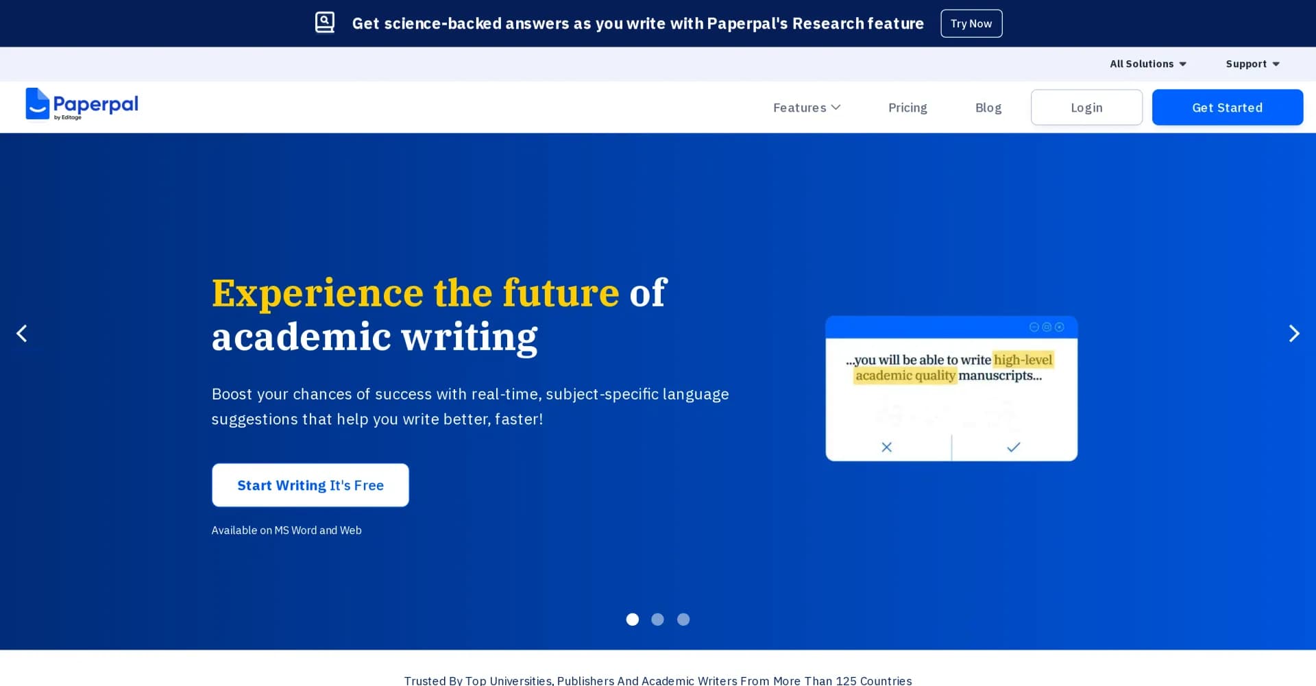 Paperpal homepage screenshot — Enhance academic writing with AI-powered language assistance
