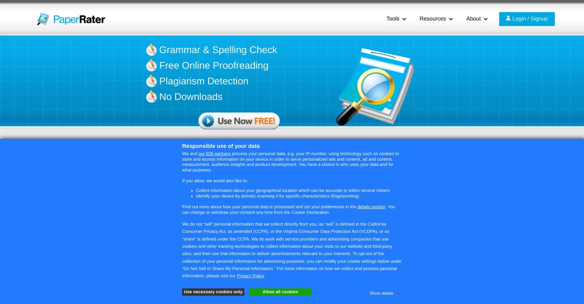 PaperRater homepage screenshot — Proofread and rate your essays with AI-powered grammar check
