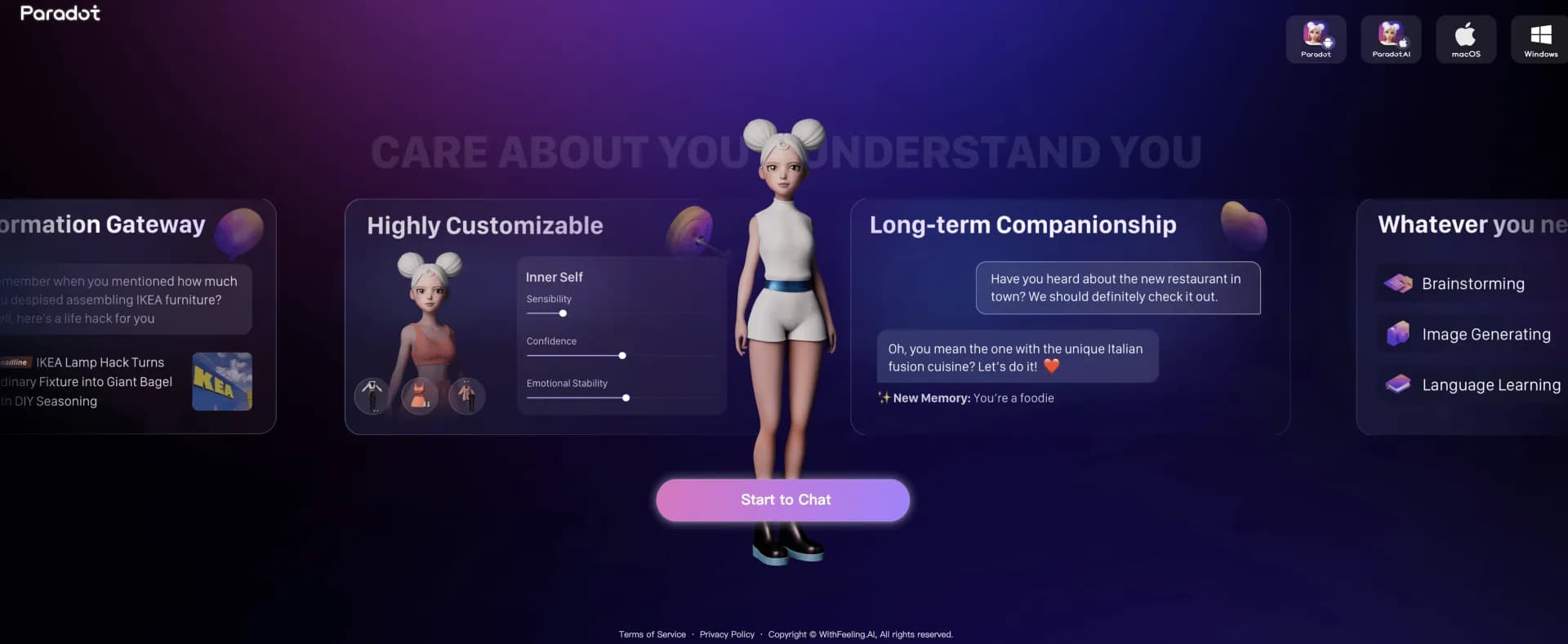 Paradot homepage screenshot — Meet your AI companion in a digital parallel universe
