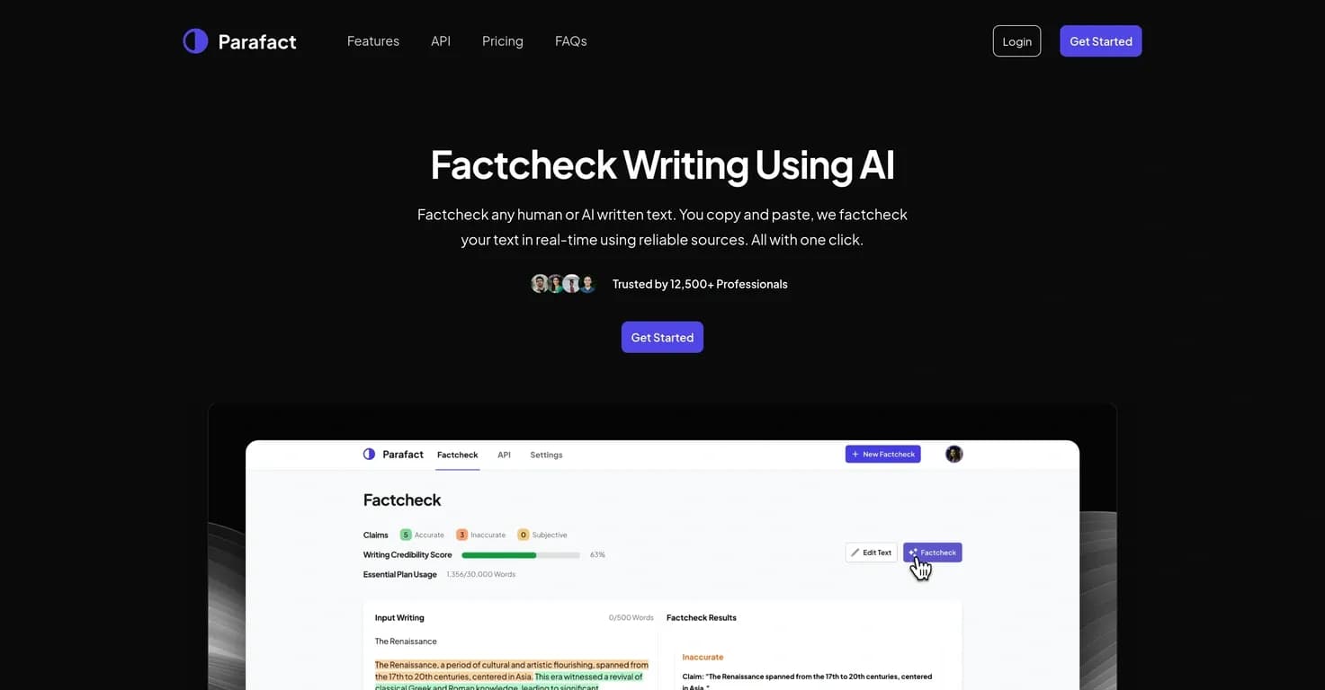 Parafact homepage screenshot — Factcheck any text instantly with AI