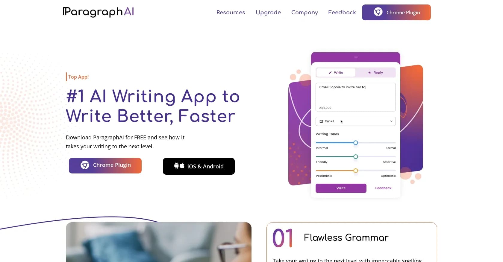 Paragraph AI homepage screenshot — AI writing assistant that generates text effortlessly