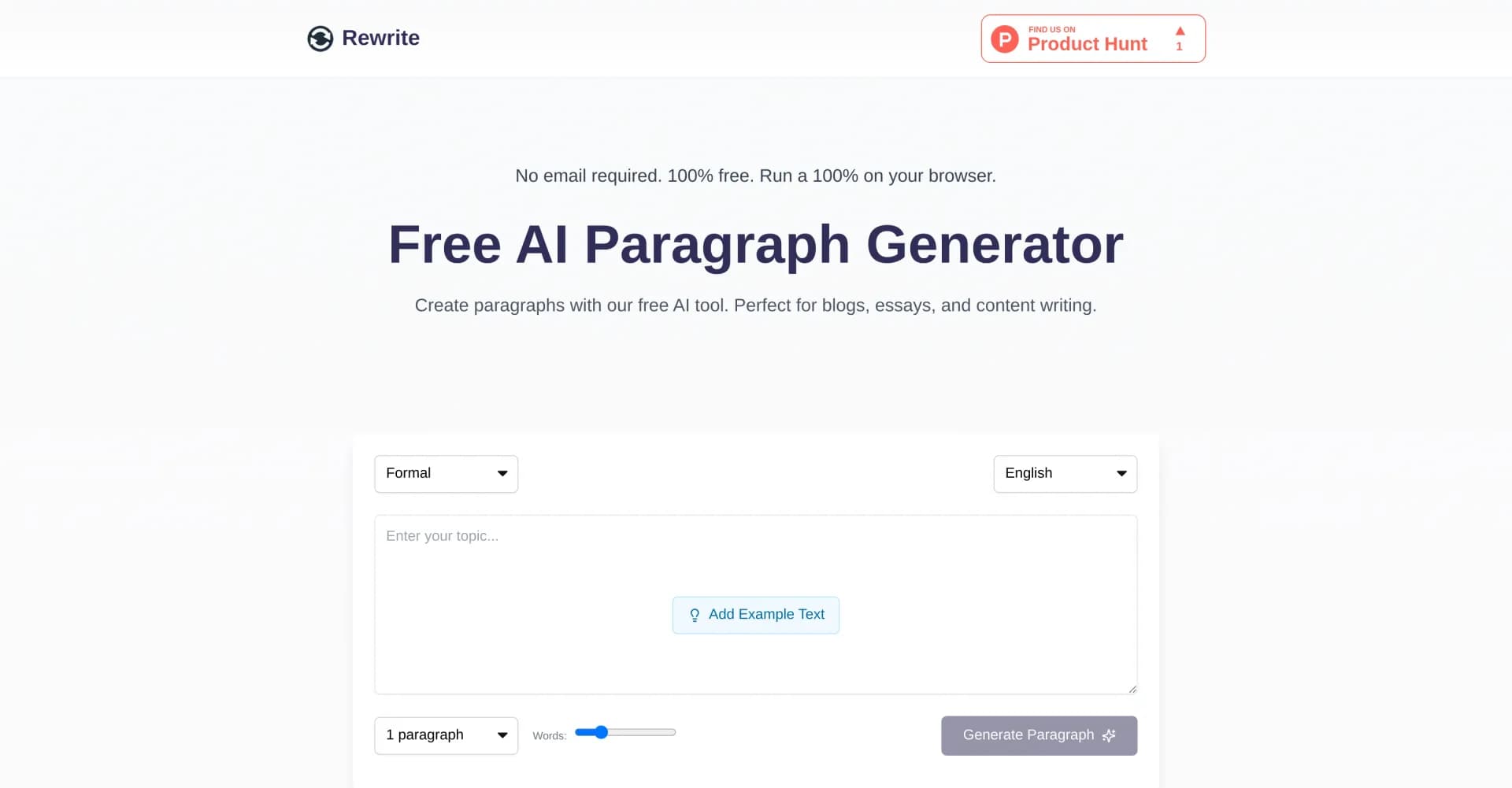 Paragraph Generator homepage screenshot — Create AI-generated paragraphs instantly