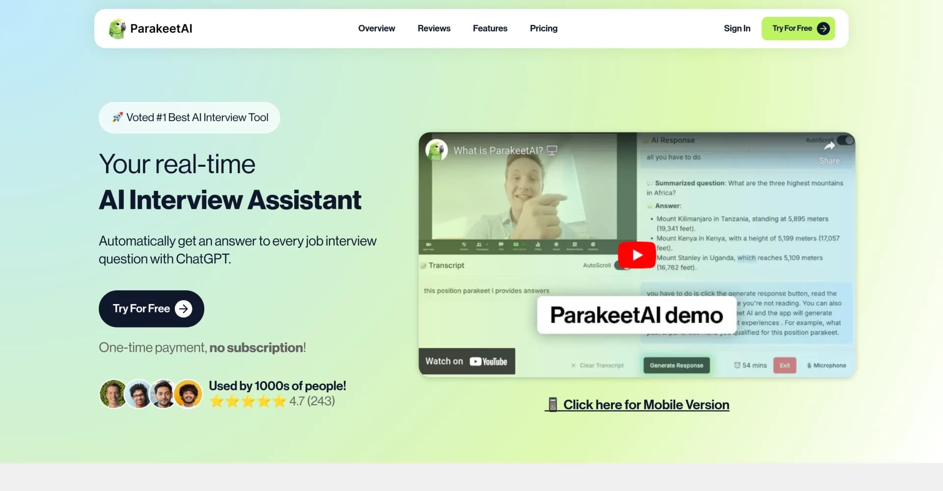 ParakeetAI homepage screenshot — Boost interview performance with real-time AI answers