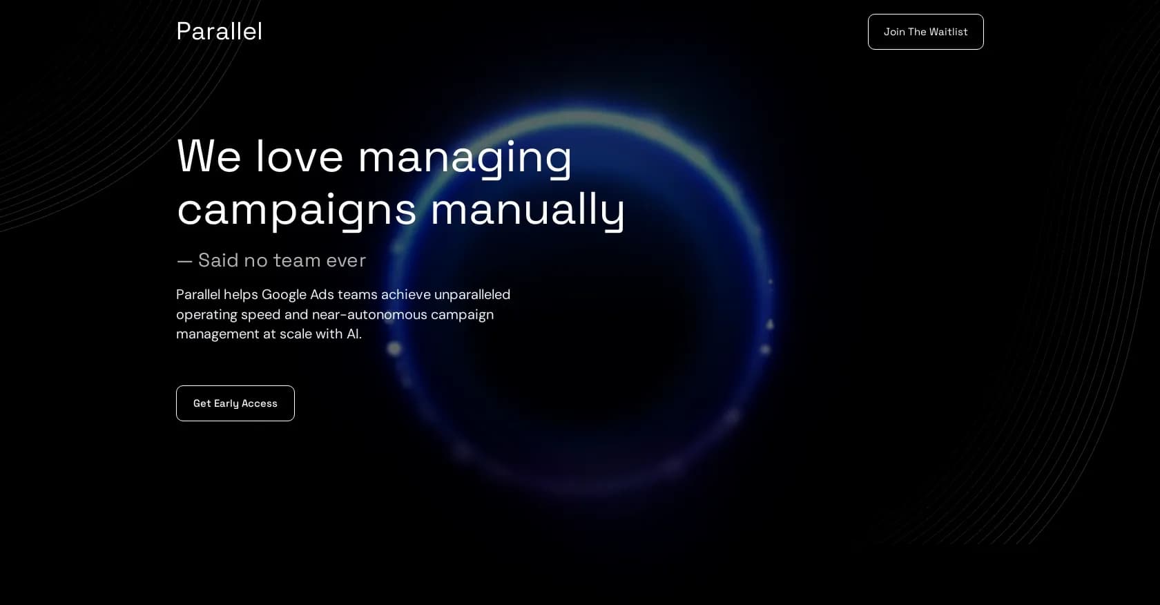 Parallel homepage screenshot — AI co-pilot for turbocharging Google Ads campaigns.