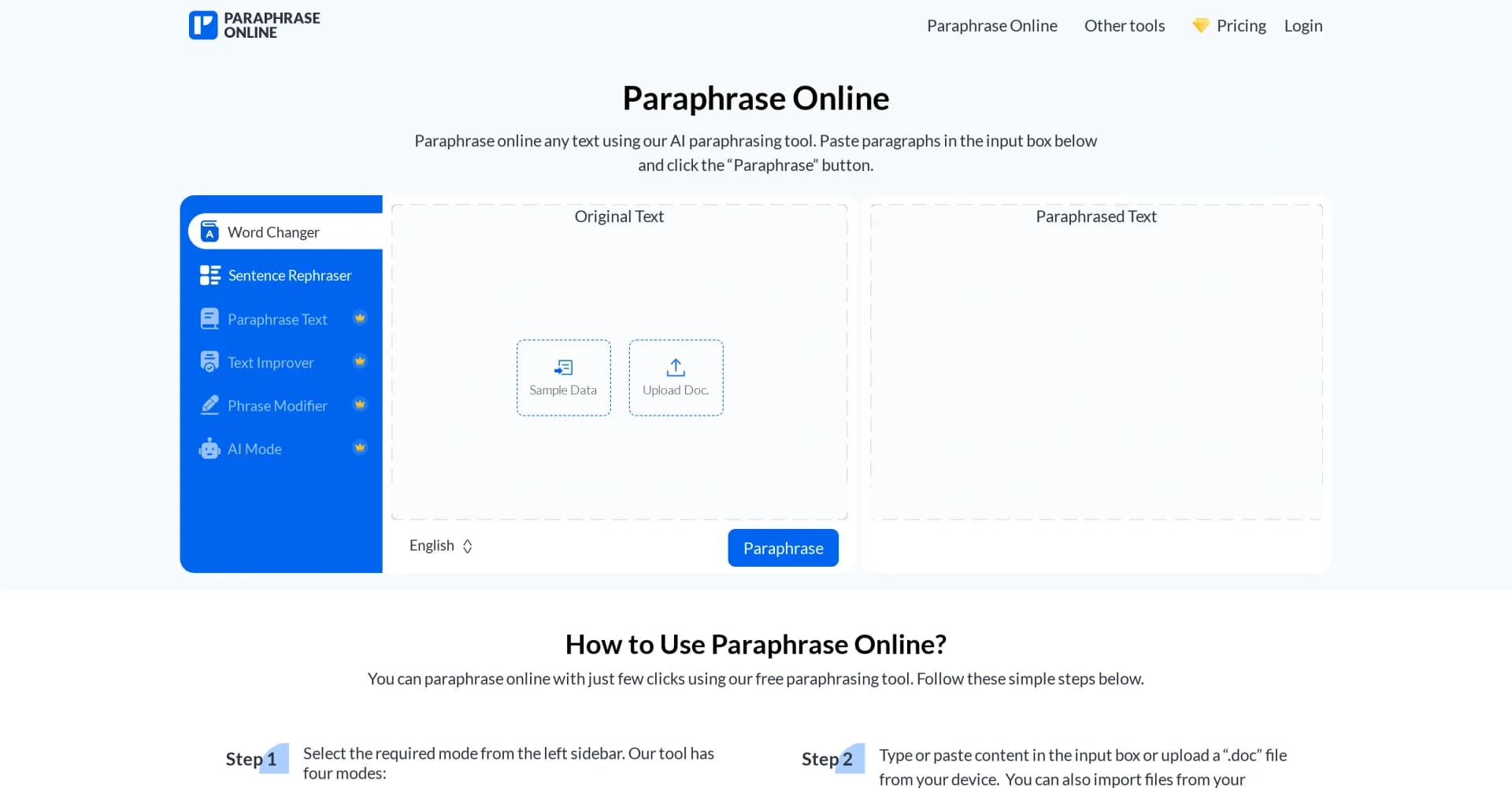 Paraphrase Online homepage screenshot — AI-powered paraphrasing for instant text rewrites.