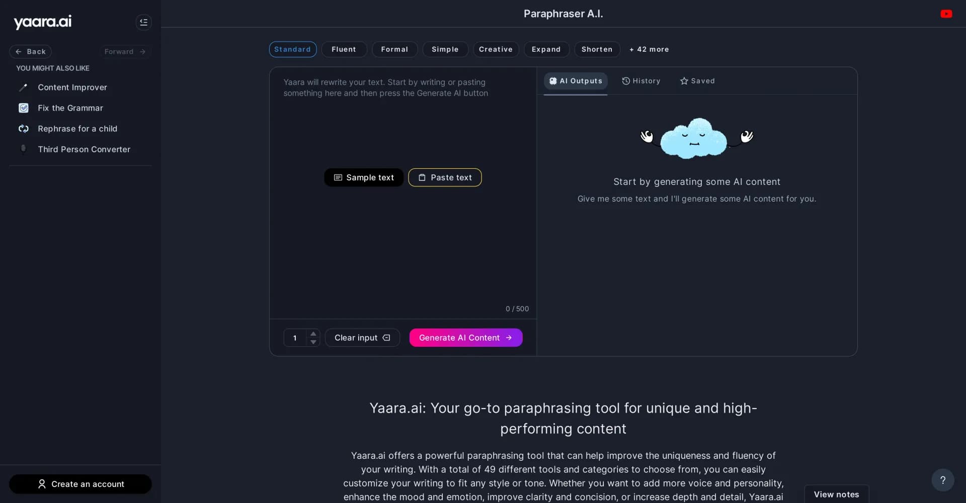 Yaara AI Paraphrasing Tool homepage screenshot — AI-powered paraphrasing for unique, high-performing content