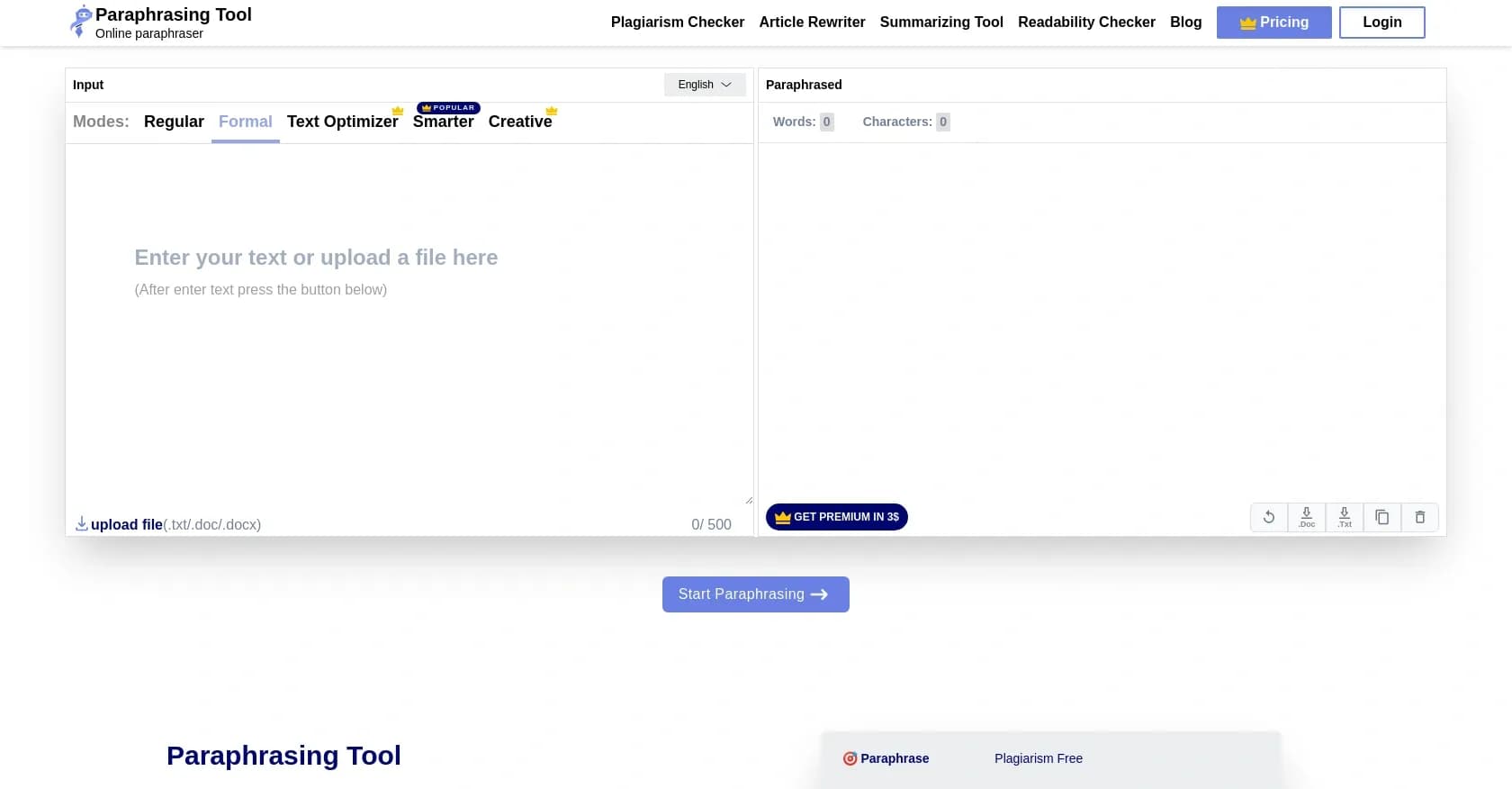 Paraphrasing.io homepage screenshot — Reword articles and essays with AI precision.