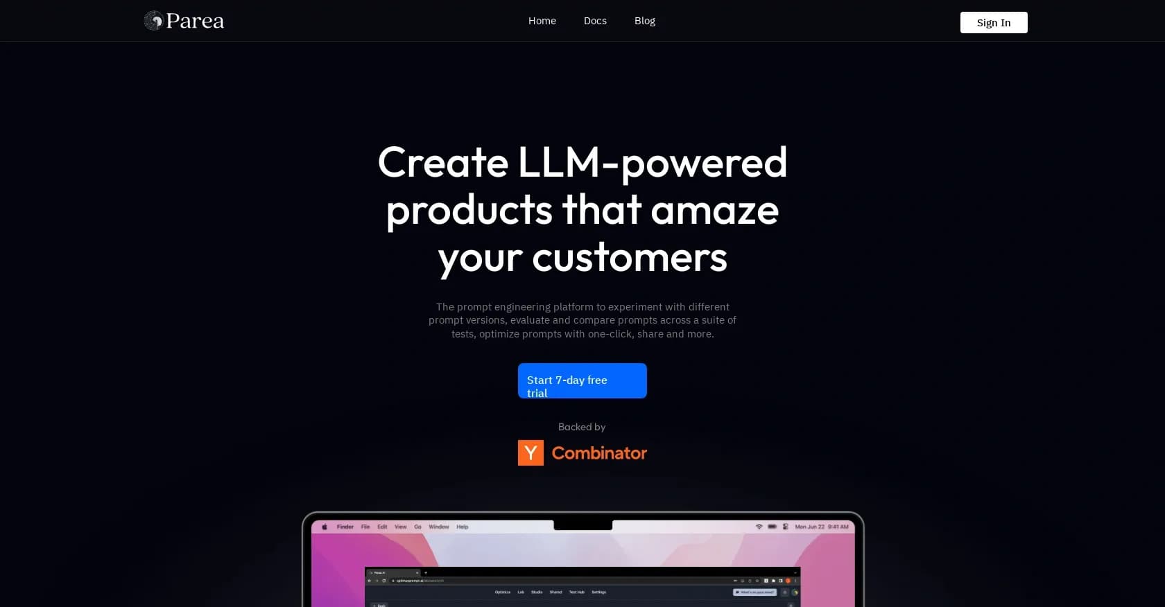 Parea homepage screenshot — Create AI-powered products that amaze customers