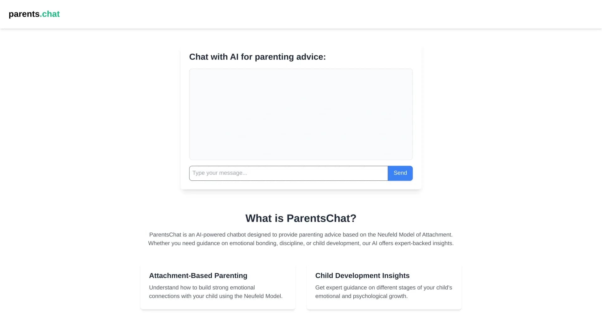 ParentsChat homepage screenshot — AI-powered parenting advice based on attachment theory.