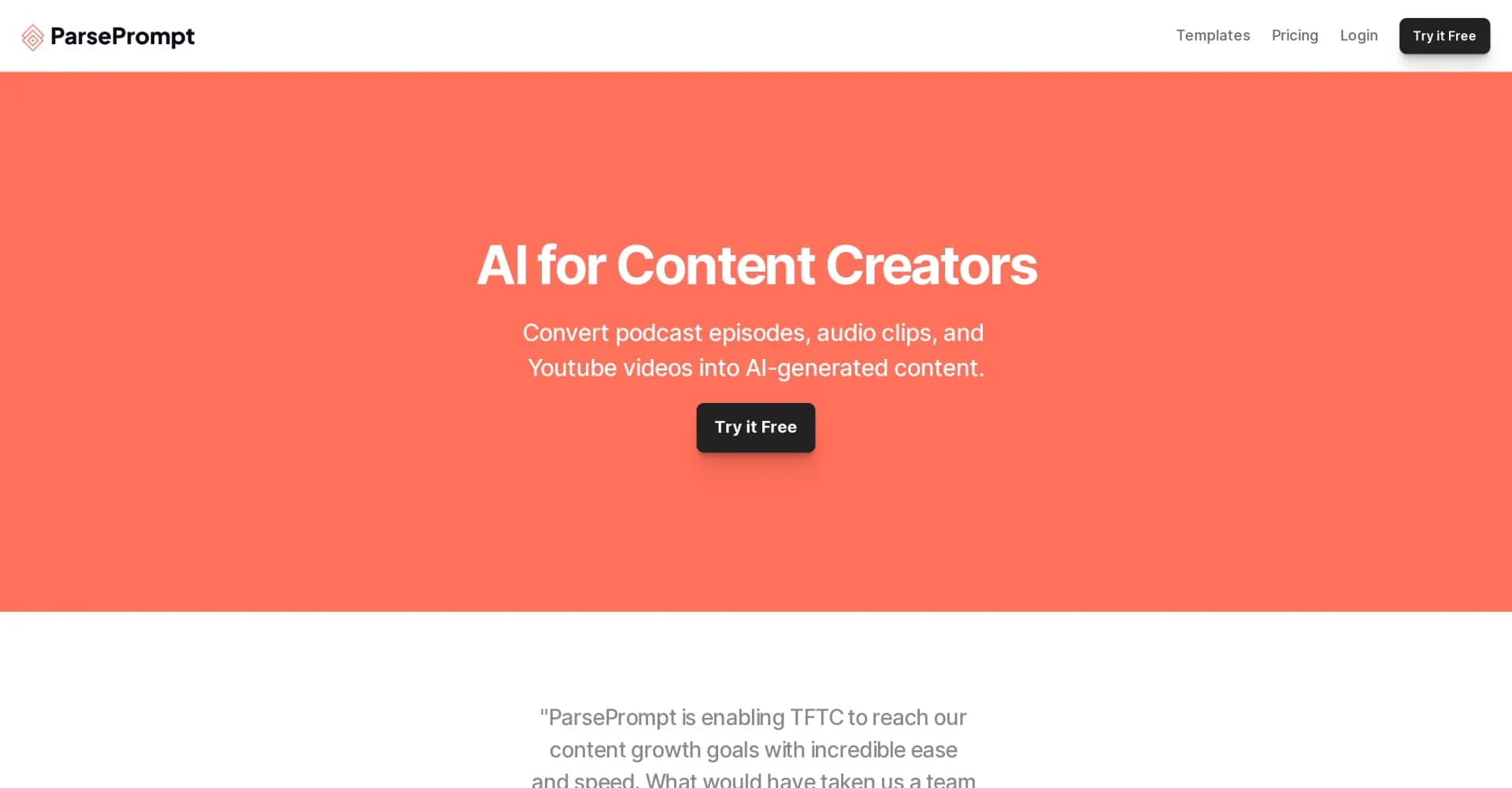ParsePrompt homepage screenshot — Convert audio and video to AI-generated content