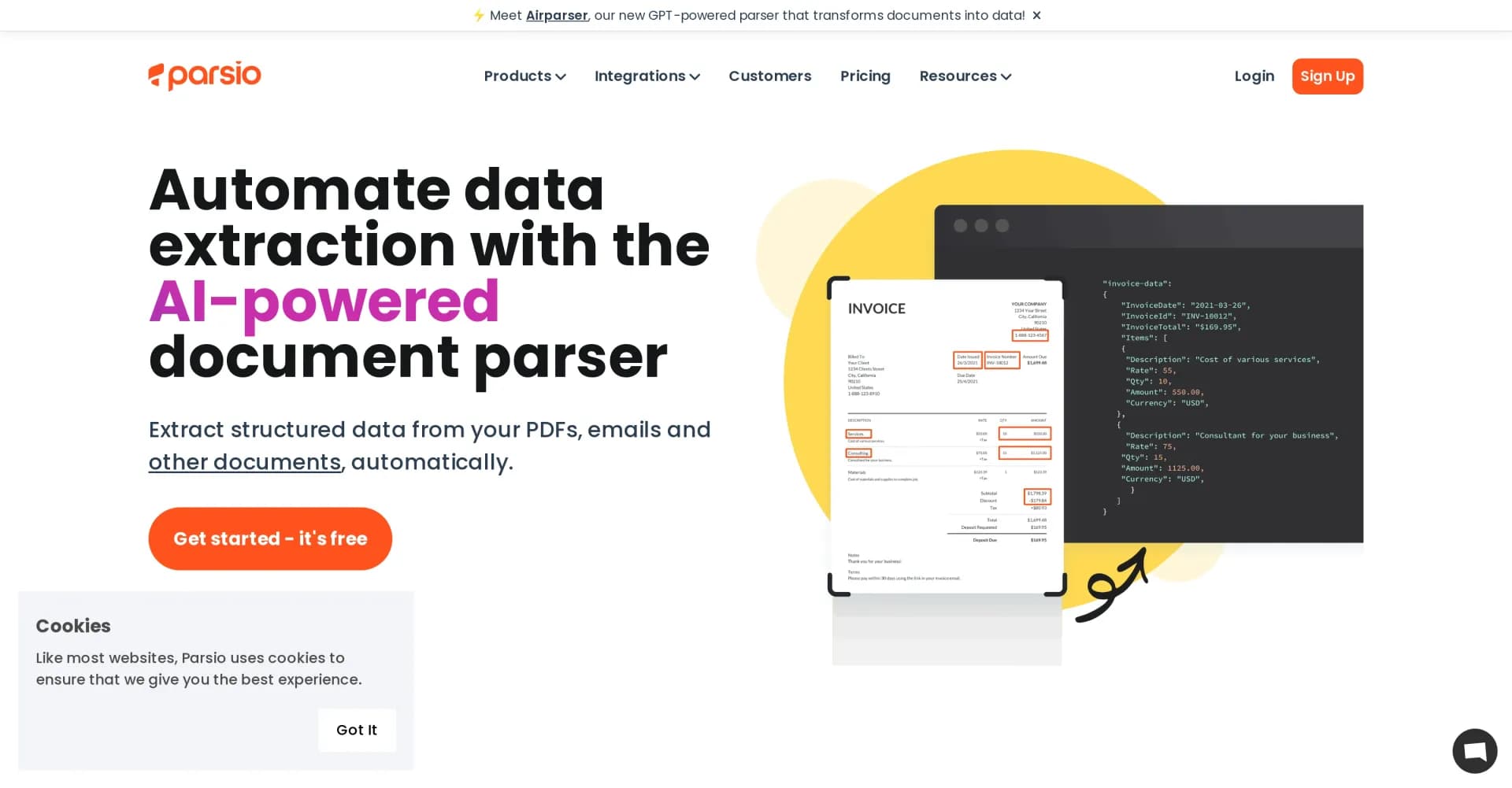 Parsio homepage screenshot — Extract data from emails and documents instantly.