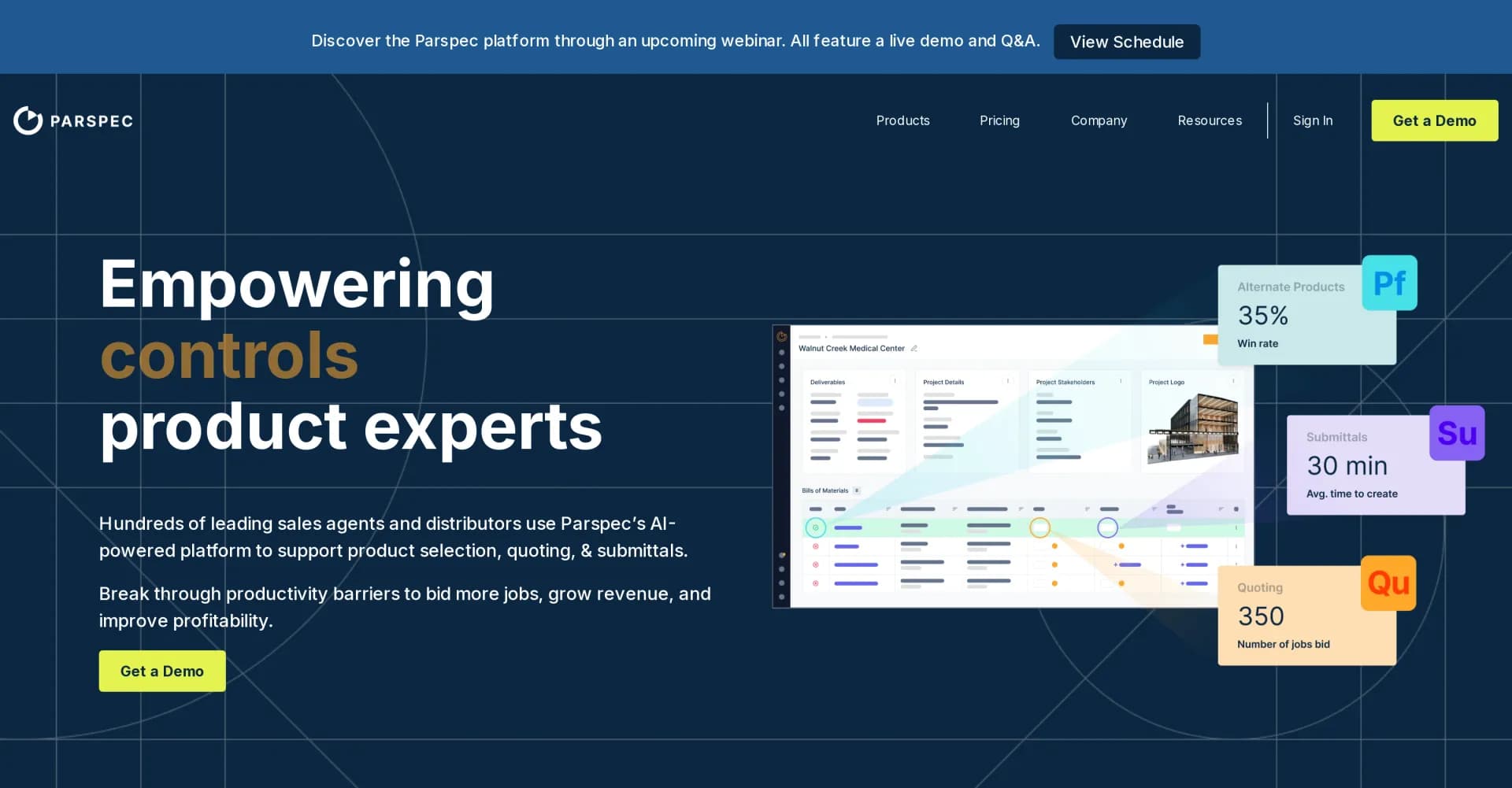 Parspec homepage screenshot — AI-powered platform for seamless product selection and quoti