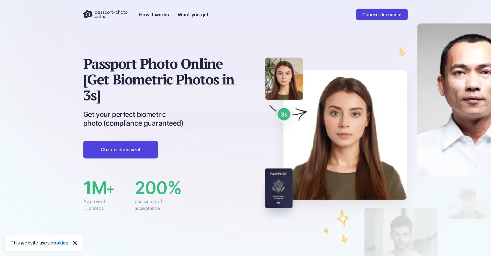 Passport Photo Online homepage screenshot — Get perfect biometric photos instantly, guaranteed.