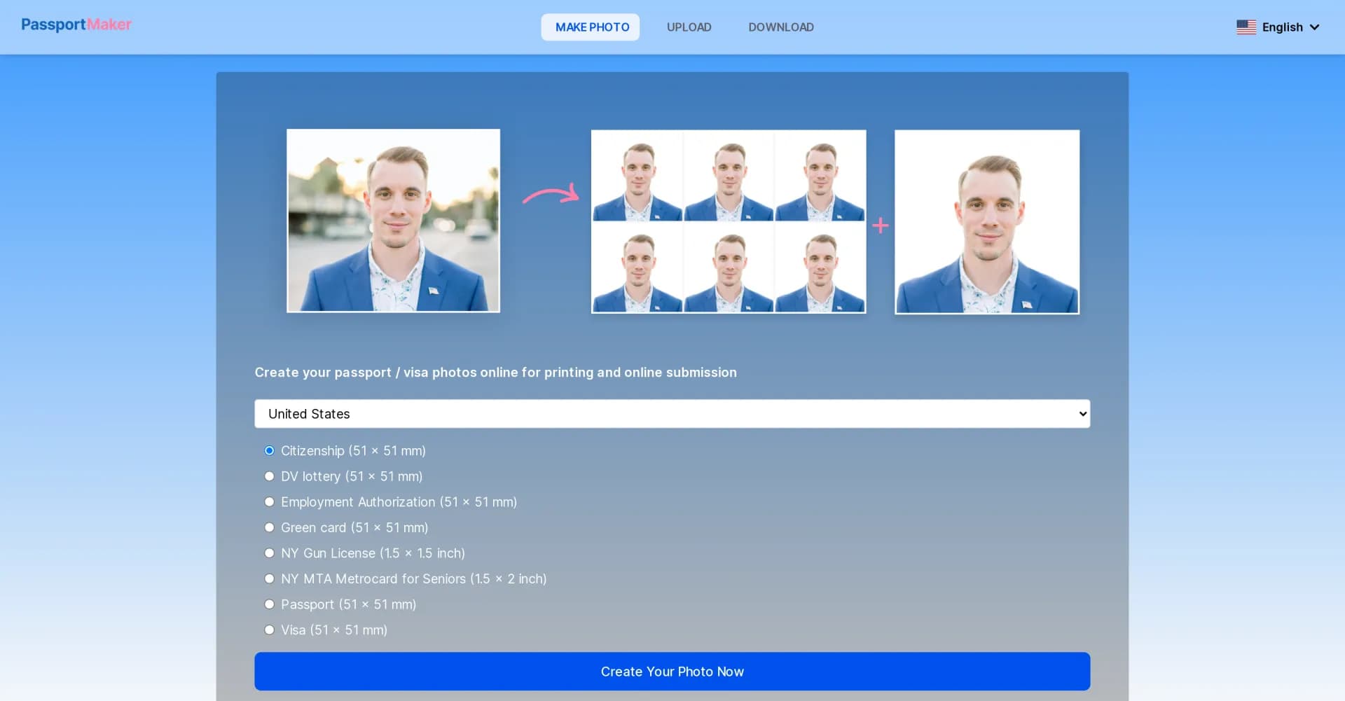 PassportMaker homepage screenshot — Create passport photos instantly with AI