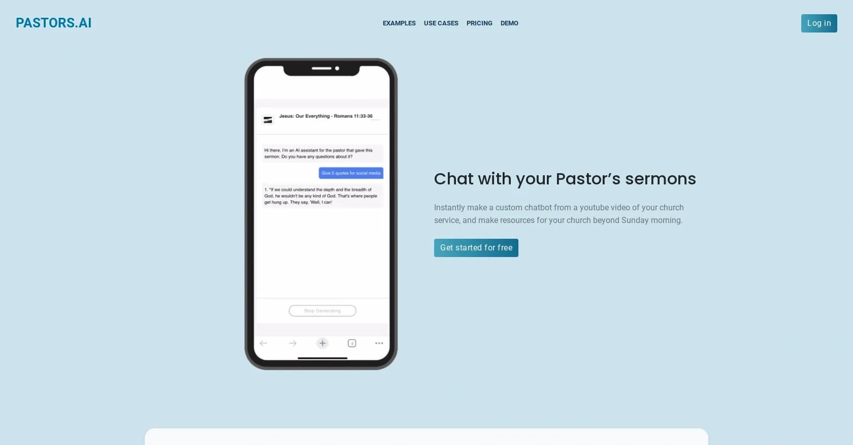 PastorsAI homepage screenshot — Chat with your pastor's sermons anytime