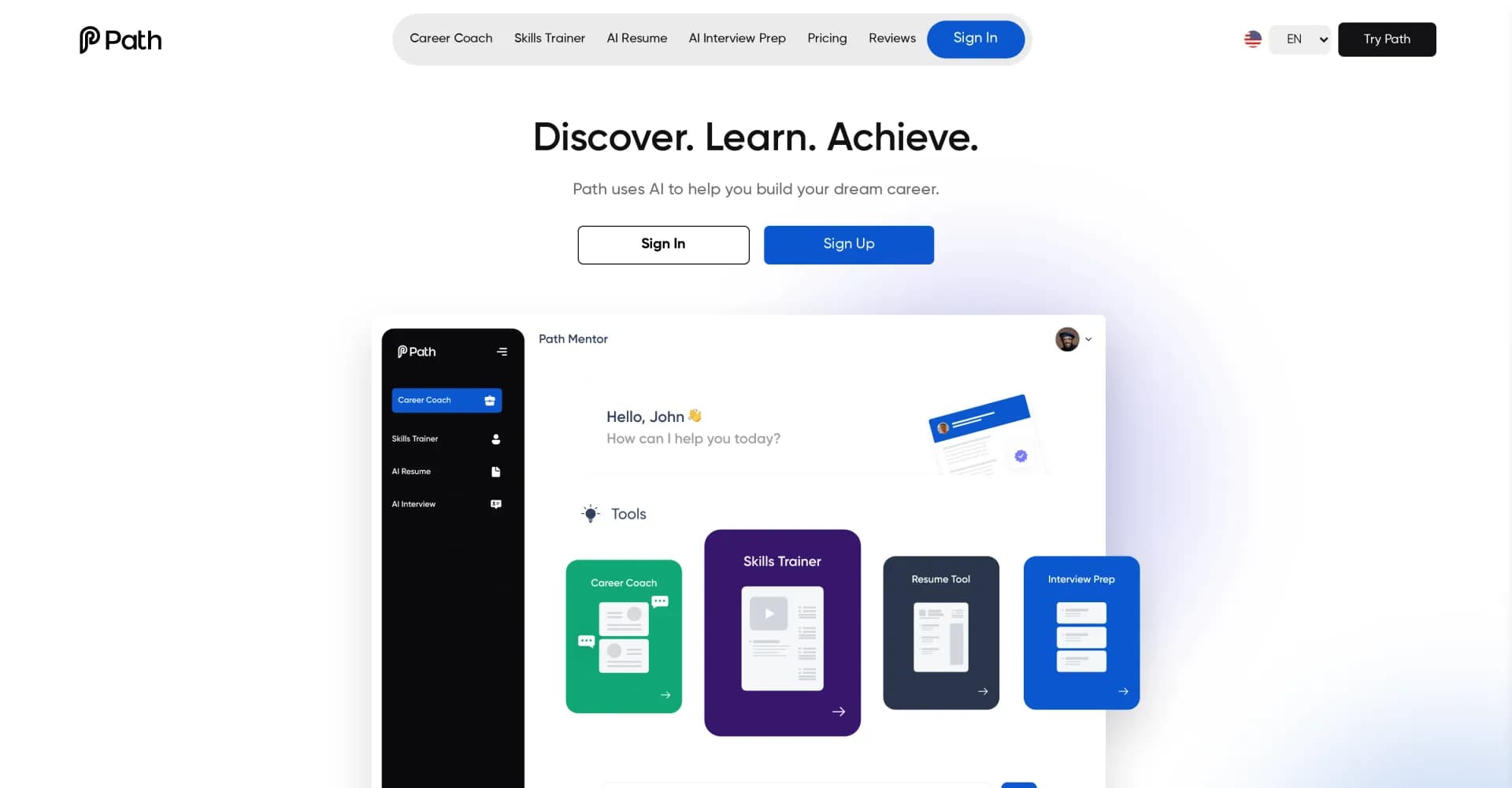 Path homepage screenshot — AI-powered career guidance to unlock your potential.