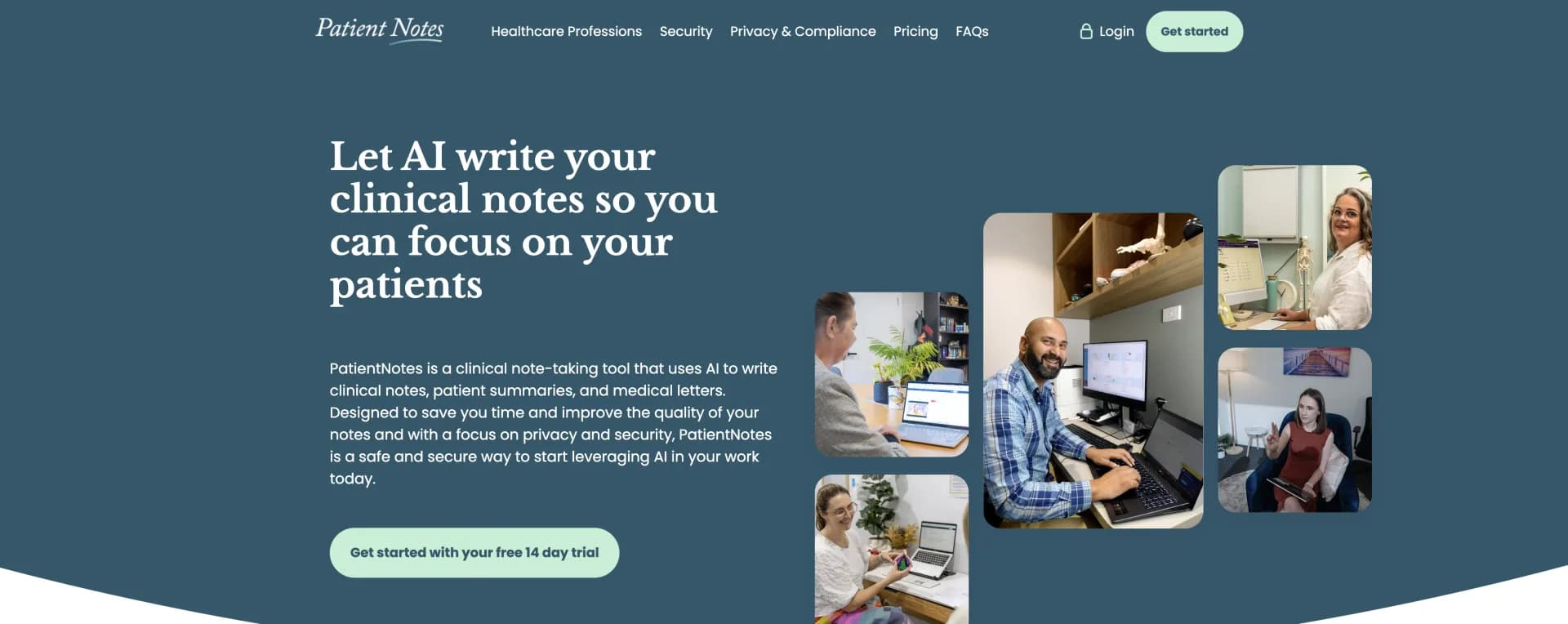 PatientNotes homepage screenshot — AI writes clinical notes, you focus on patients.