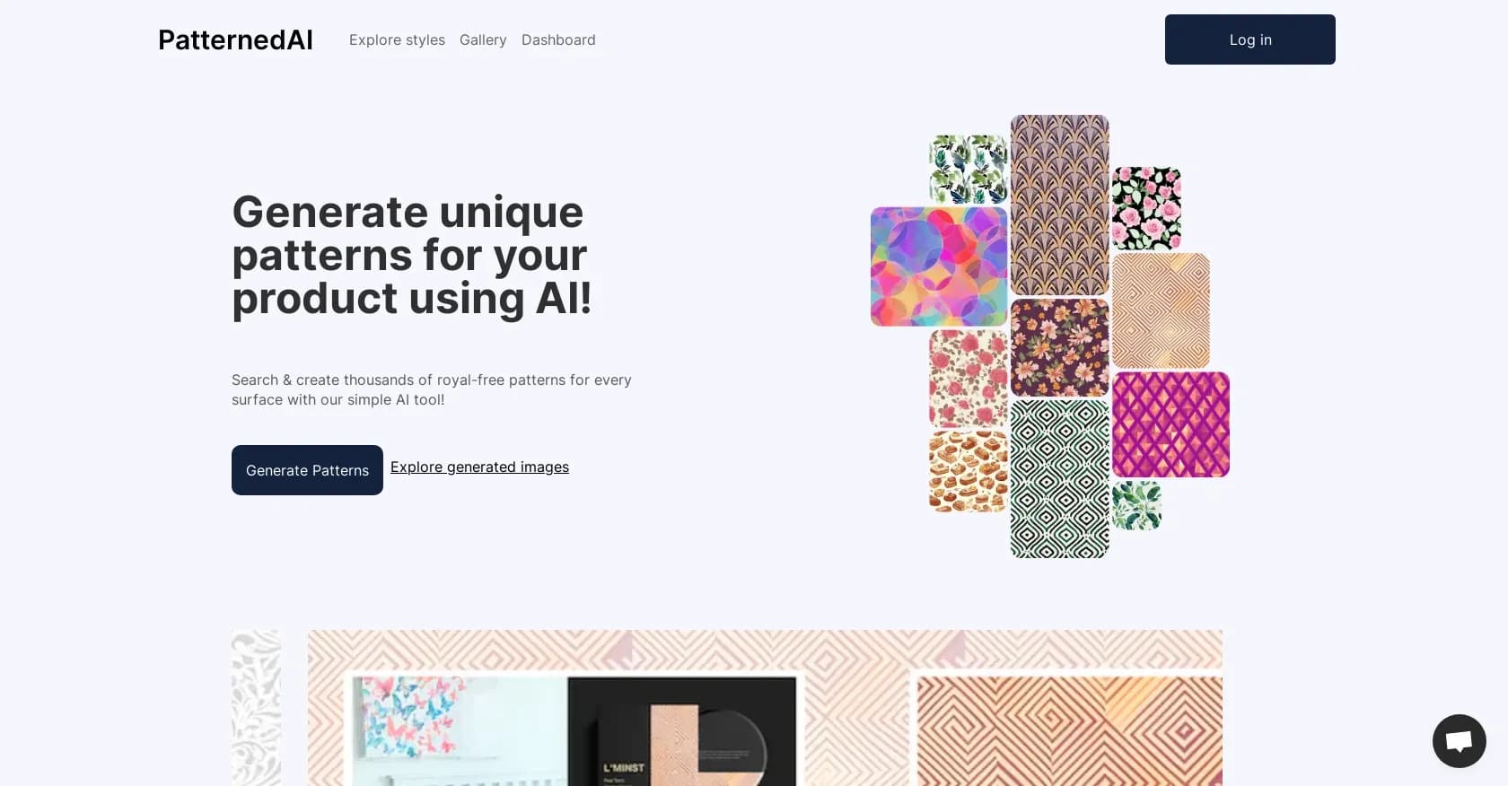 PatternedAI homepage screenshot — Generate seamless patterns with AI for any surface.