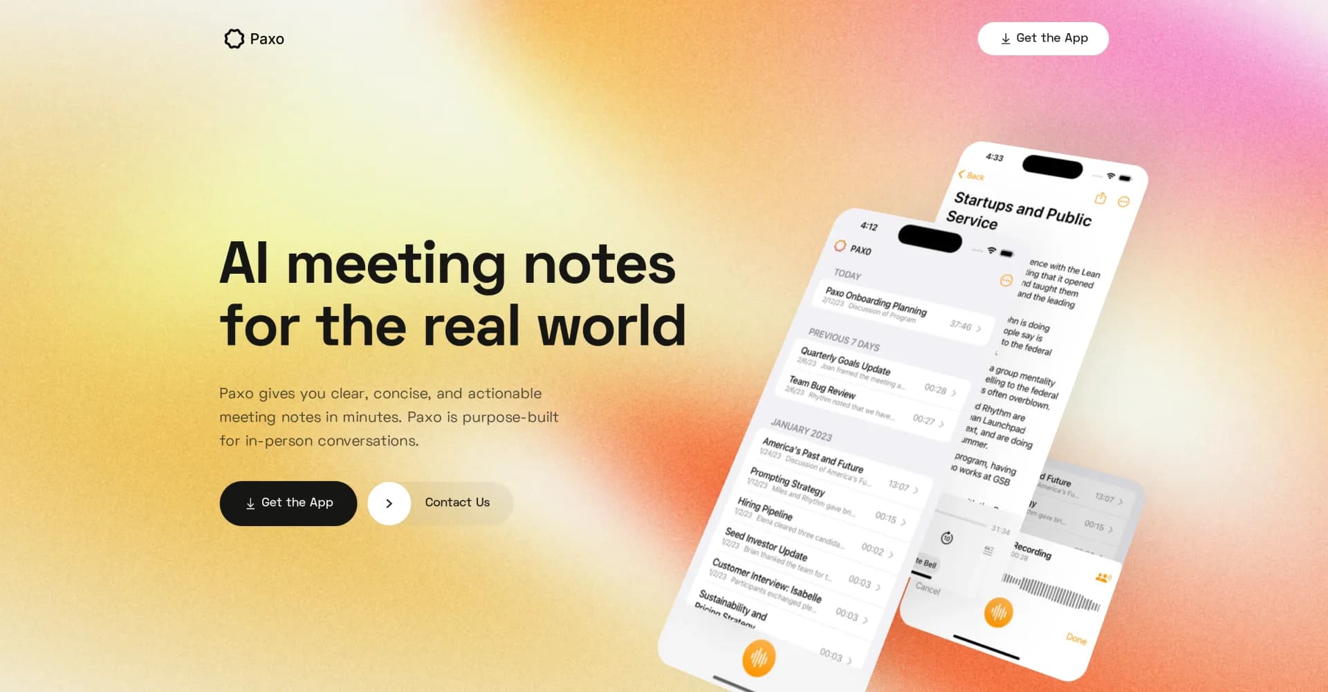 Paxo homepage screenshot — AI meeting notes for the real world