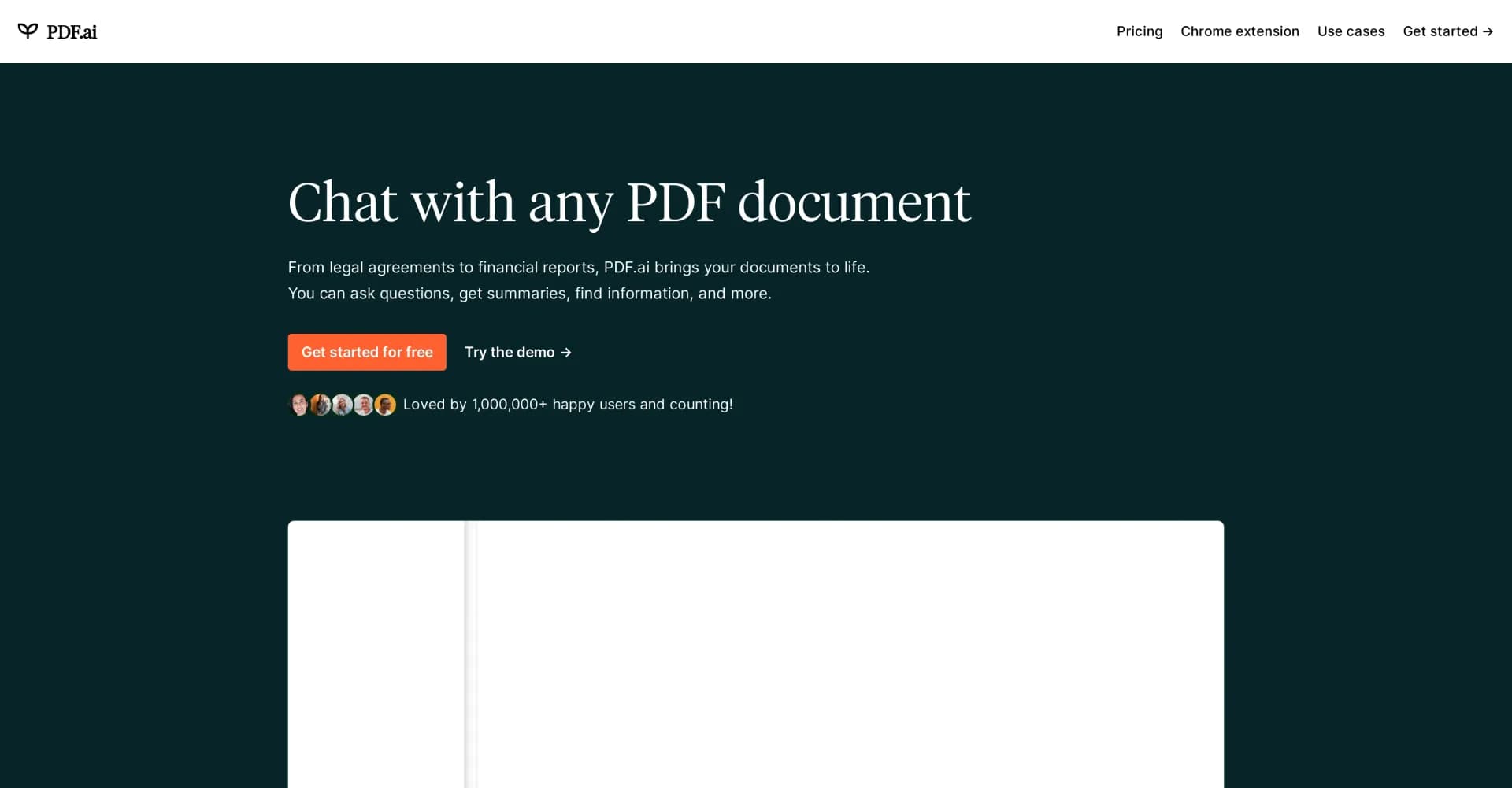 PDF.AI homepage screenshot — Chat with any PDF: ask, summarize, find.