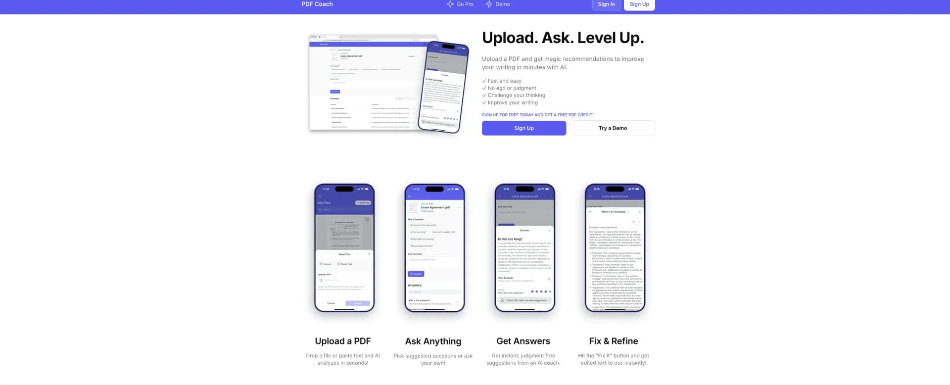 PDF Coach homepage screenshot — AI-powered PDF coach to refine your ideas.