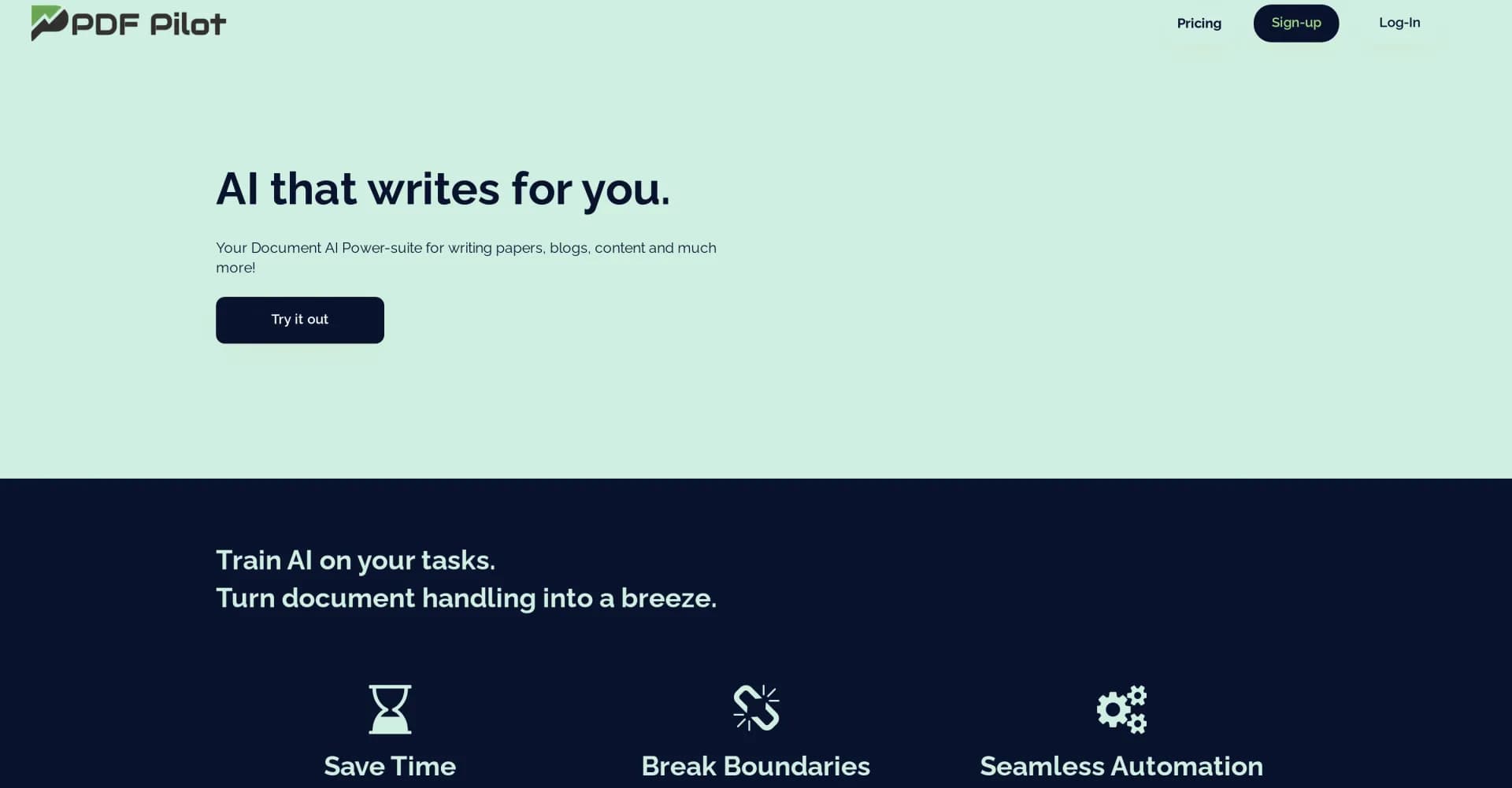 PDF Pilot homepage screenshot — AI that writes for you: Your document power-suite.