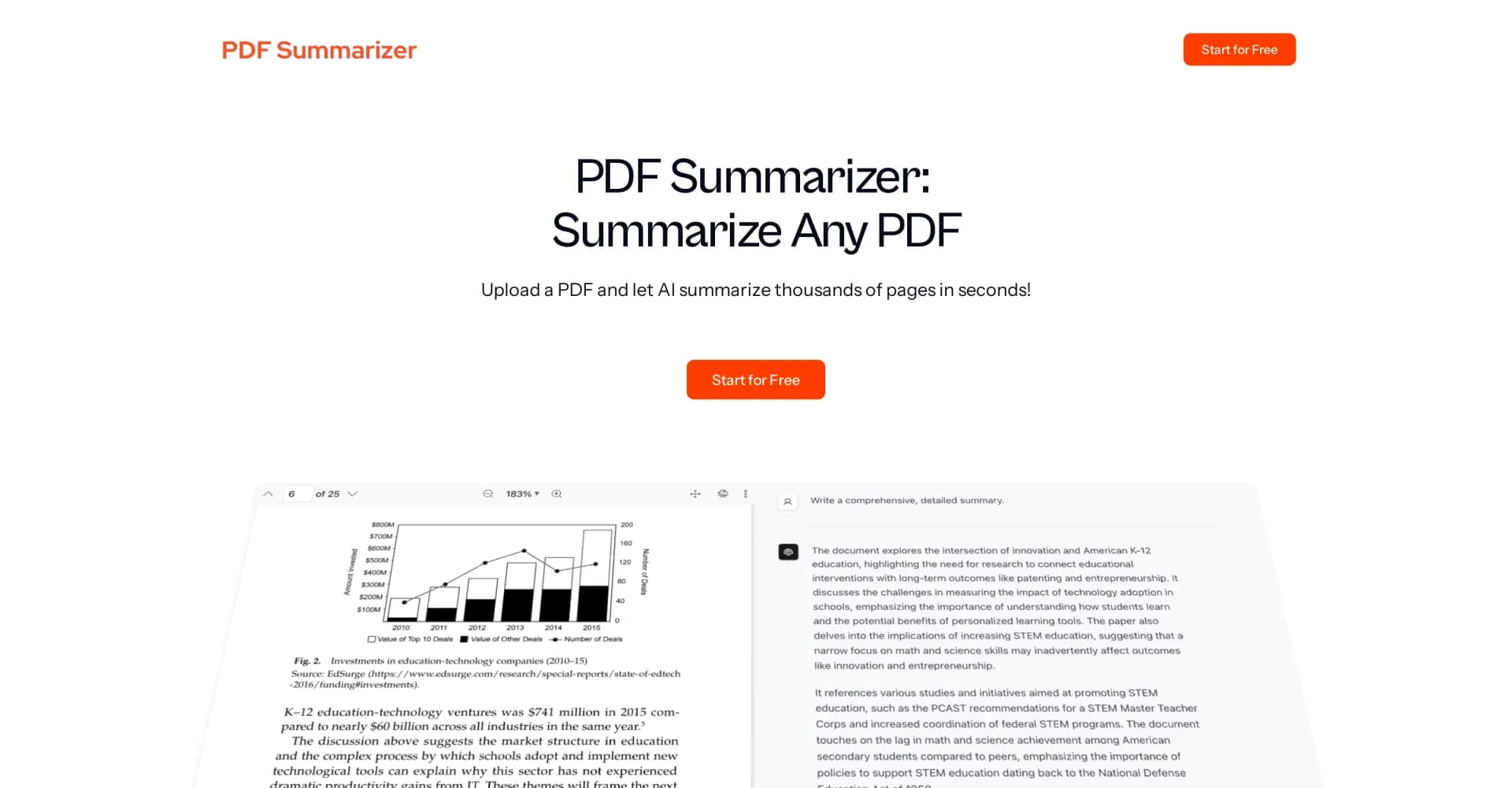 PDF Summarizer homepage screenshot — AI summarizes PDFs in seconds.