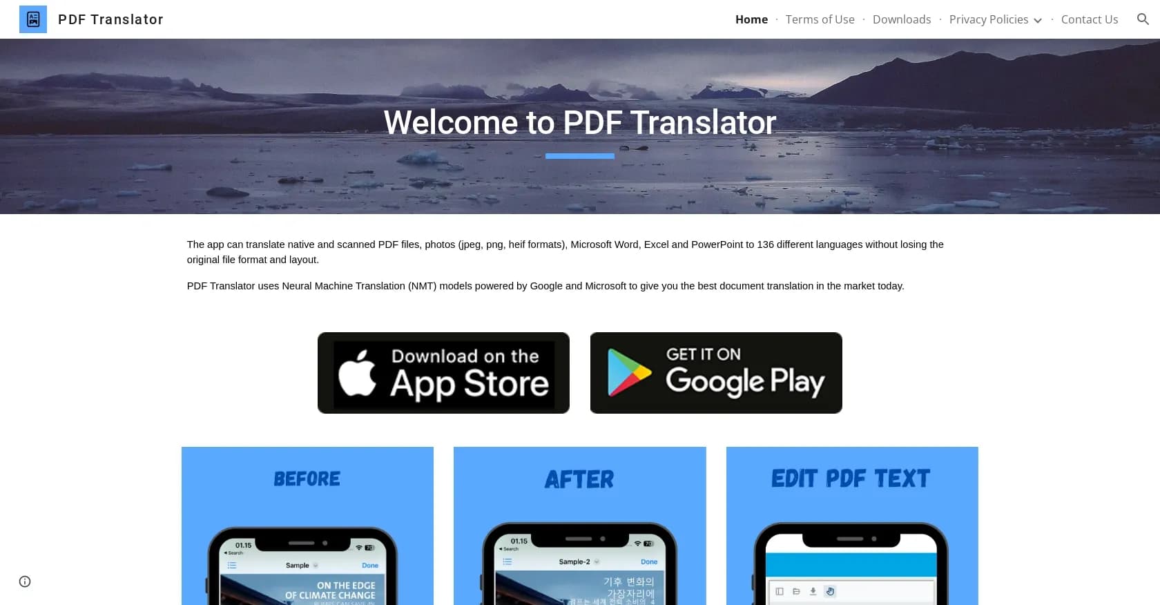 PDF Translator homepage screenshot — Translate PDFs and documents in 136 languages, preserving fo