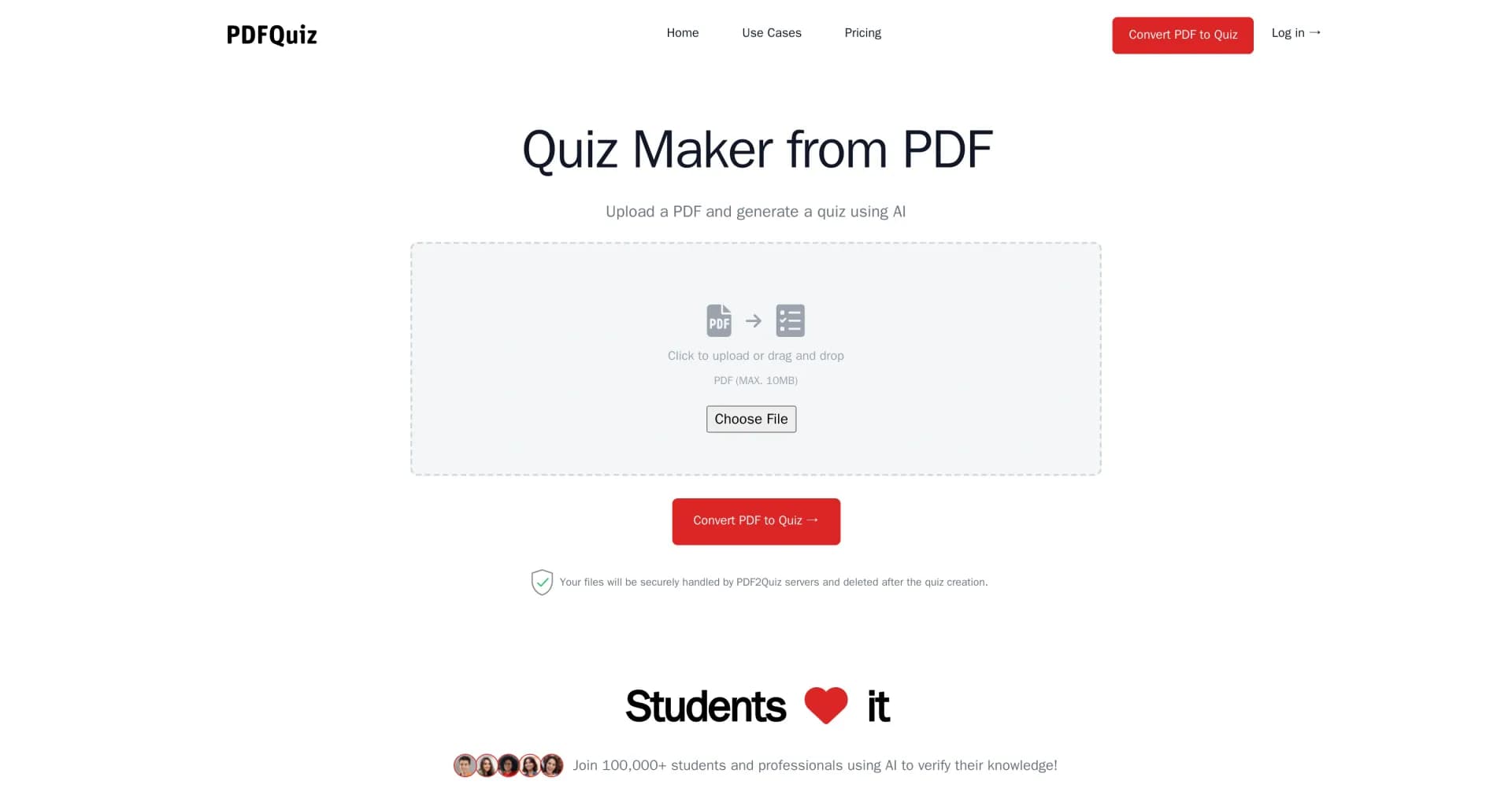 PDF2Quiz homepage screenshot — Transform PDFs into quizzes using AI.