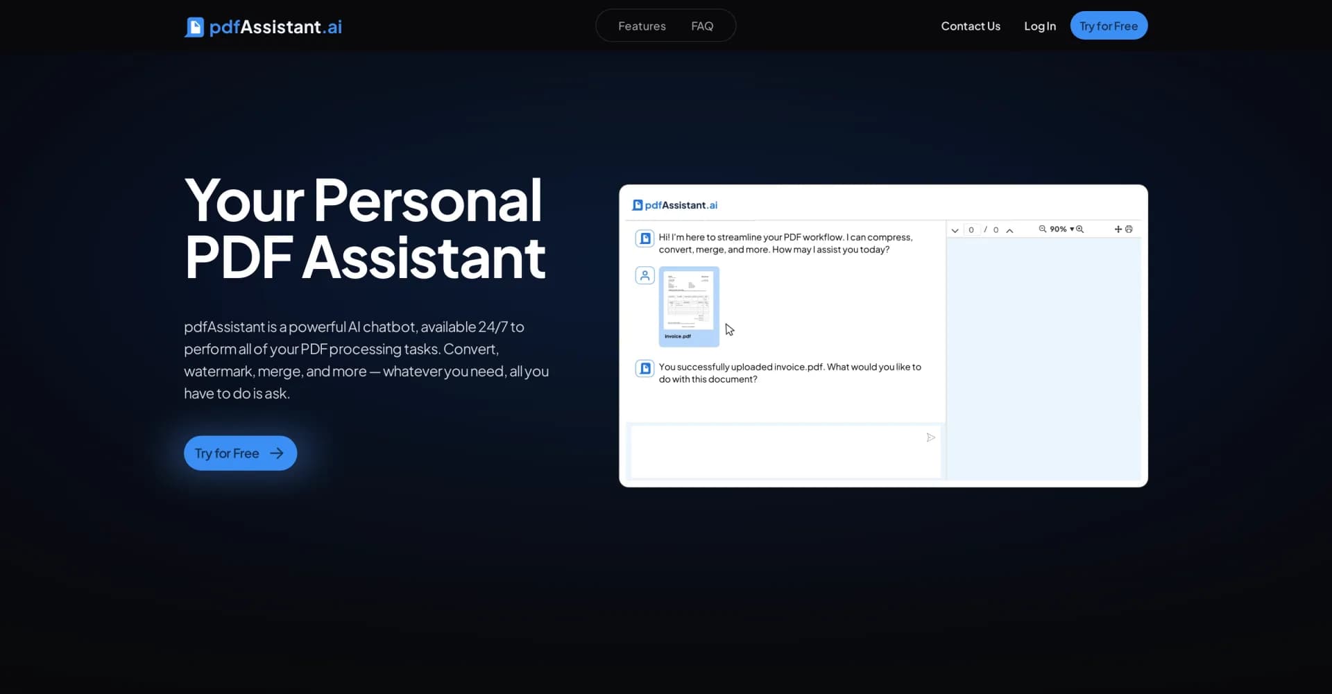 pdfAssistant.ai homepage screenshot — Your 24/7 AI-powered PDF processing assistant.