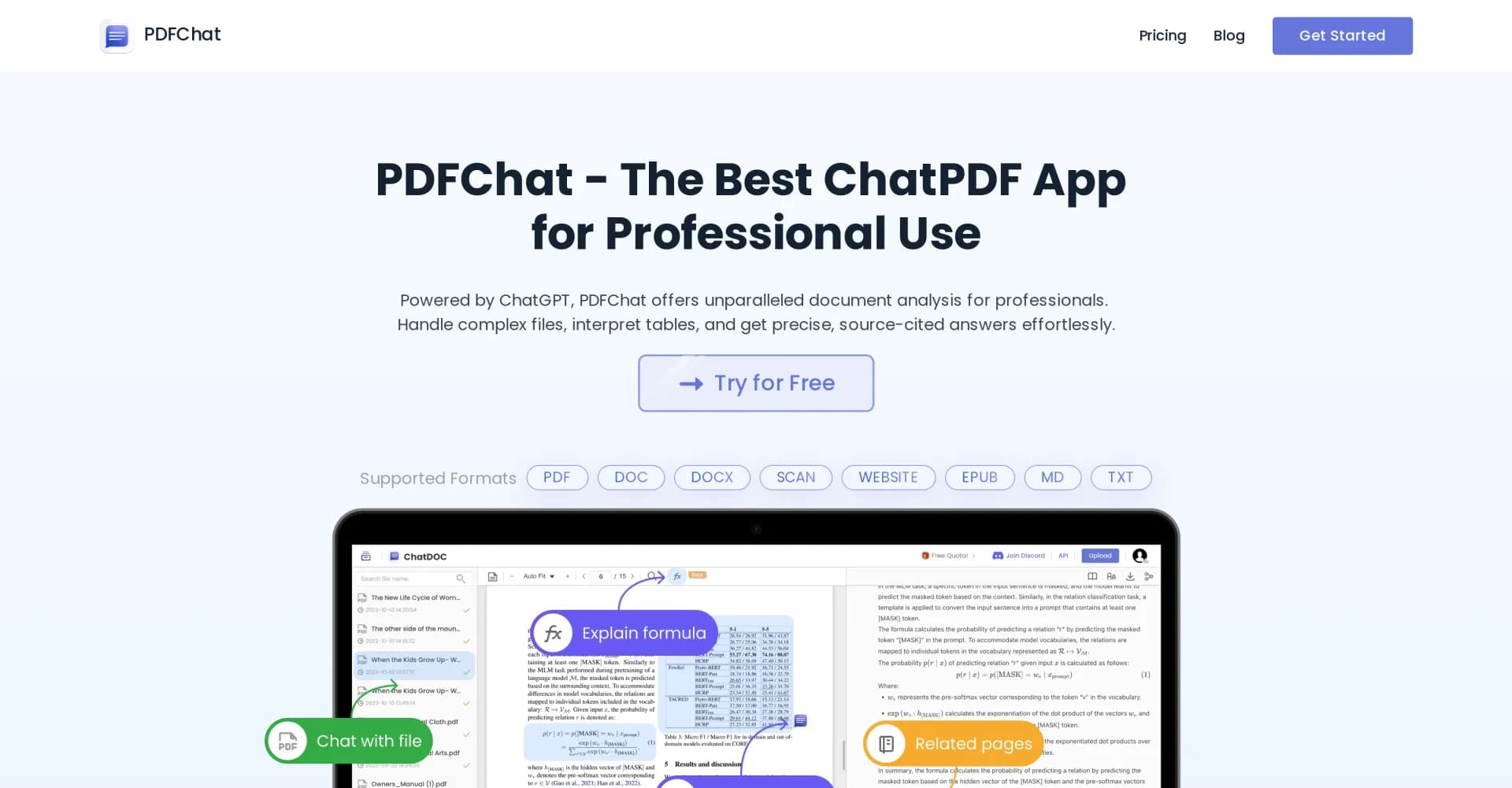 PDFChat.com homepage screenshot — Chat with PDFs: Summarize, extract insights, get cited answe